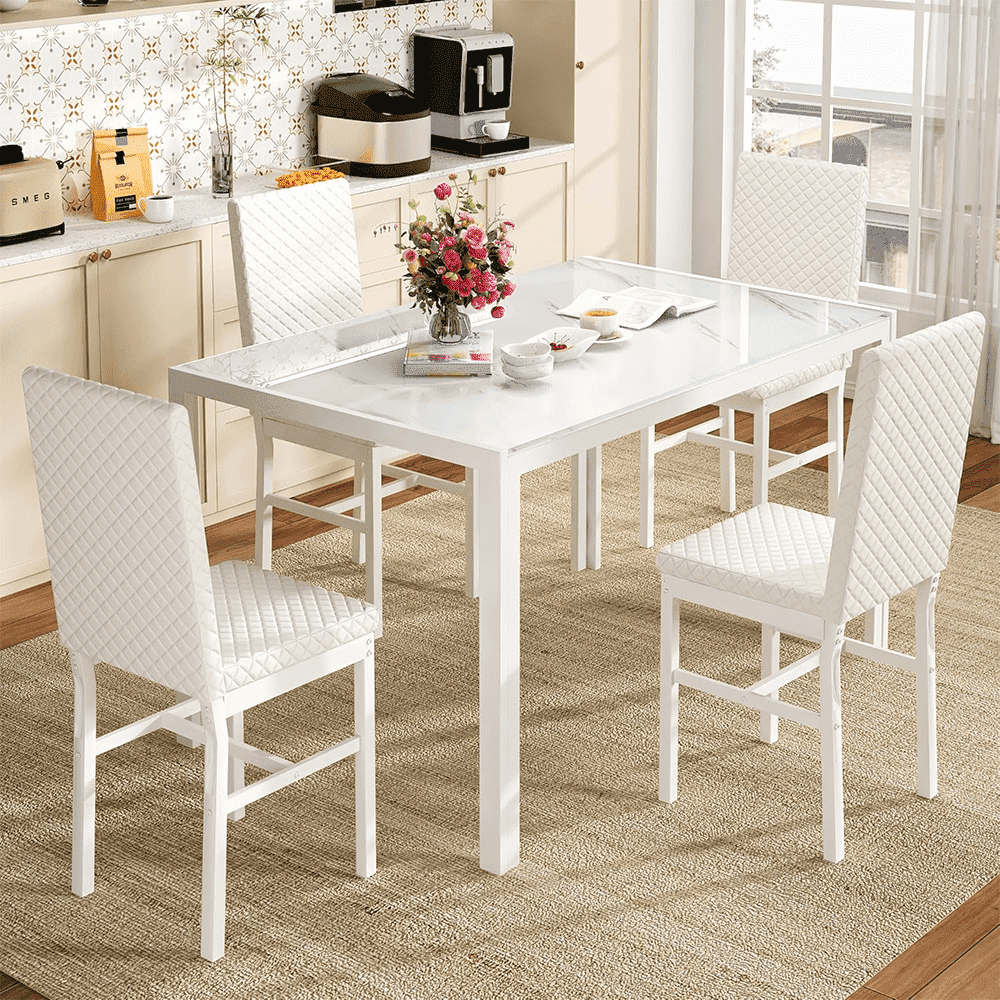 LinkRomat Dining Set for 4, Faux Marble Kitchen Glass Table and 4 PU Leather Upholstered Chairs for Dining Room, Modern Coffee Dinette, Compact Space