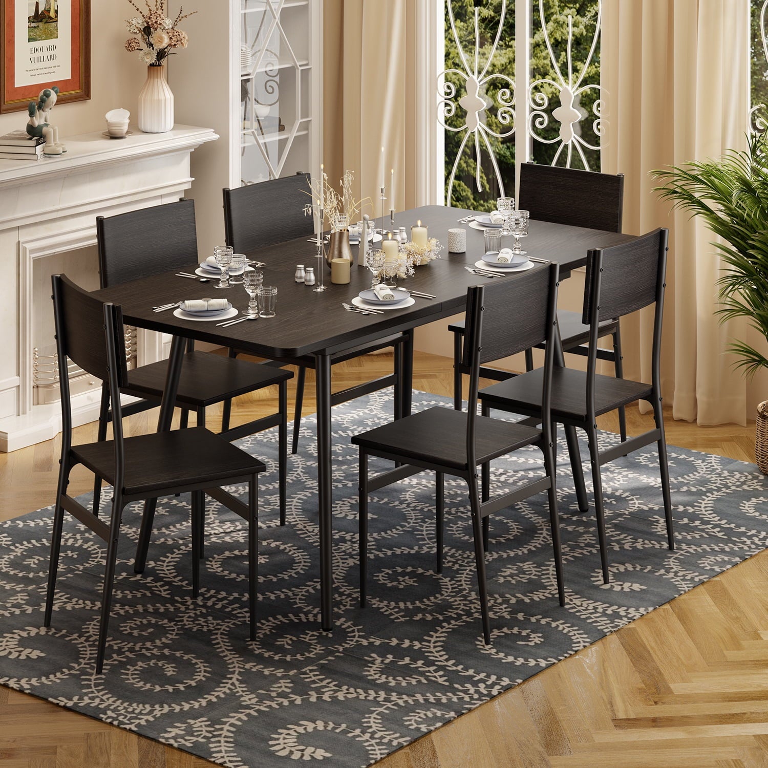 63” Kitchen Table and Chairs Set for 6, Lofka Extendable Dining Table Sets with 6 Wood High Back Seating Chairs, Black