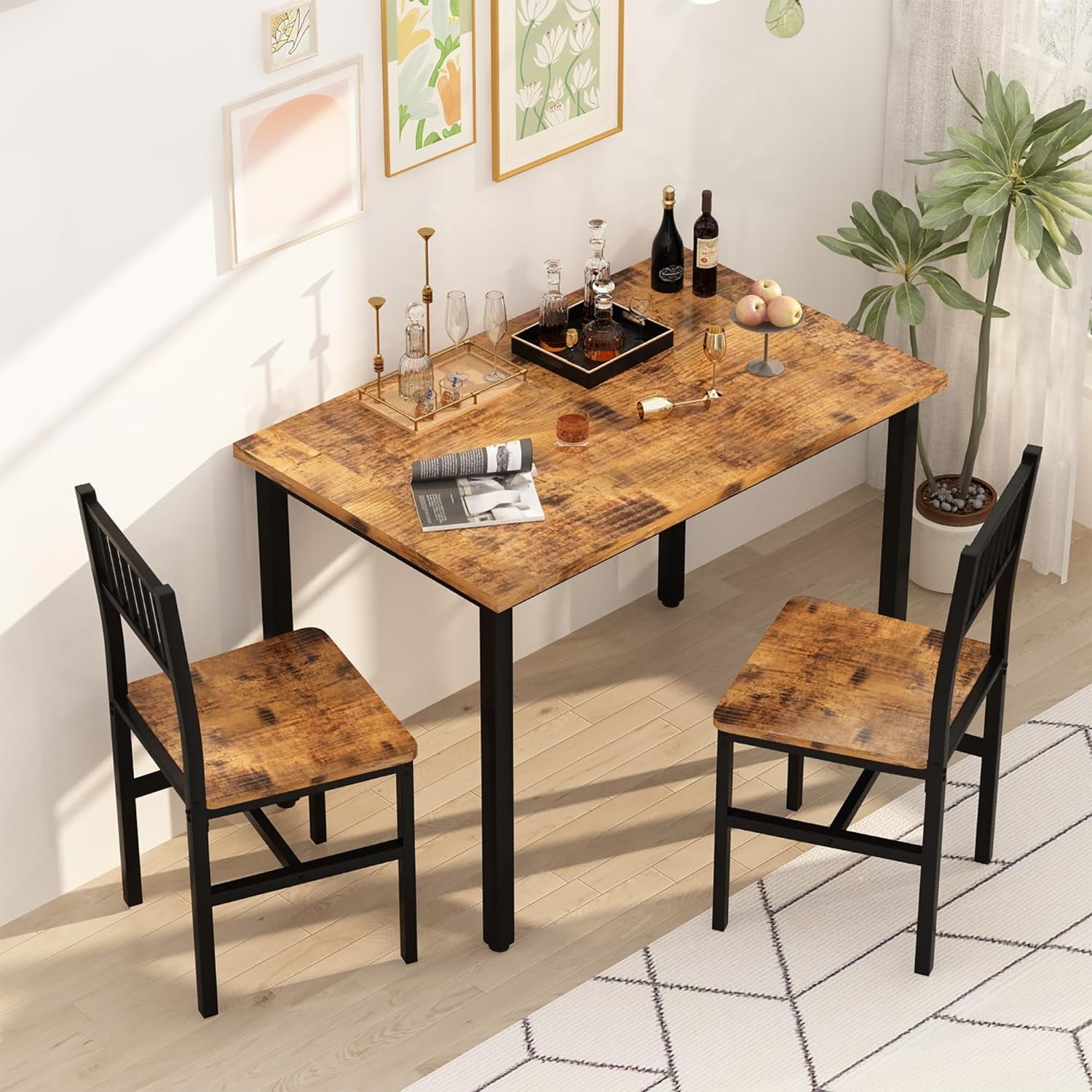Baxluxe Dining Table Set, Rustic Kitchen Table and 2 Chairs with Metal Frame, Dining Room Dining Table Set, Small Space Breakfast Dining Table Set, Dining Room, Kitchen, Rustic Brown