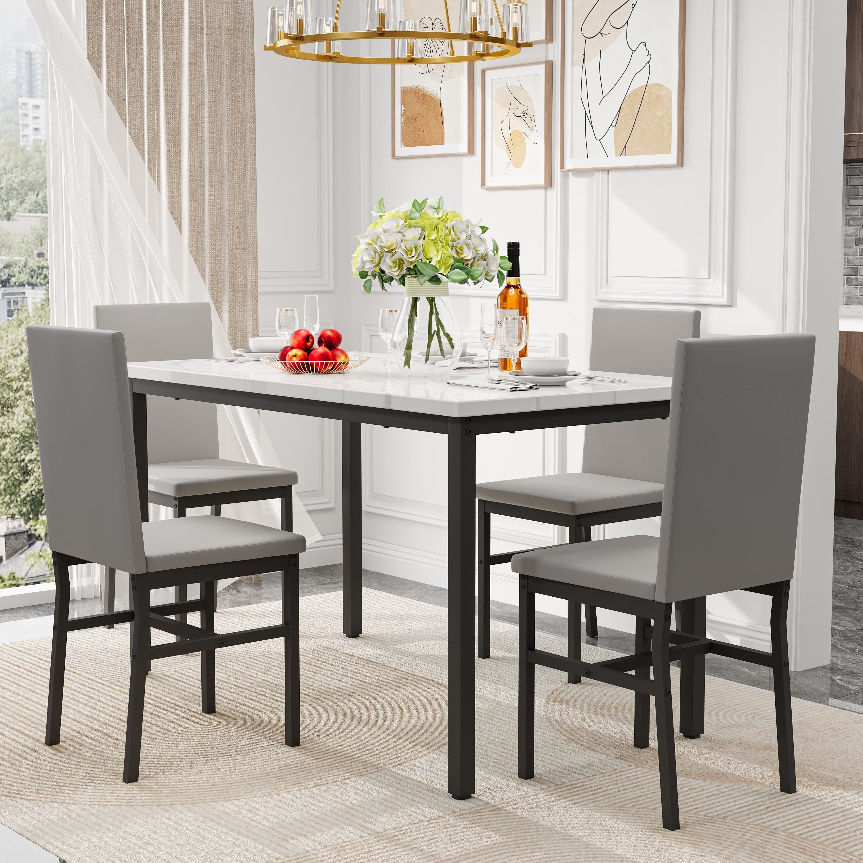 PAPROOS Dining Table Set for 4, Modern 5-Piece Kitchen Table Set with Faux Marble Top and Velvet Upholstery Chairs, Heavy Duty Dinette Sets for Breakfast Nook, Dining Room Table and Chairs, Gray