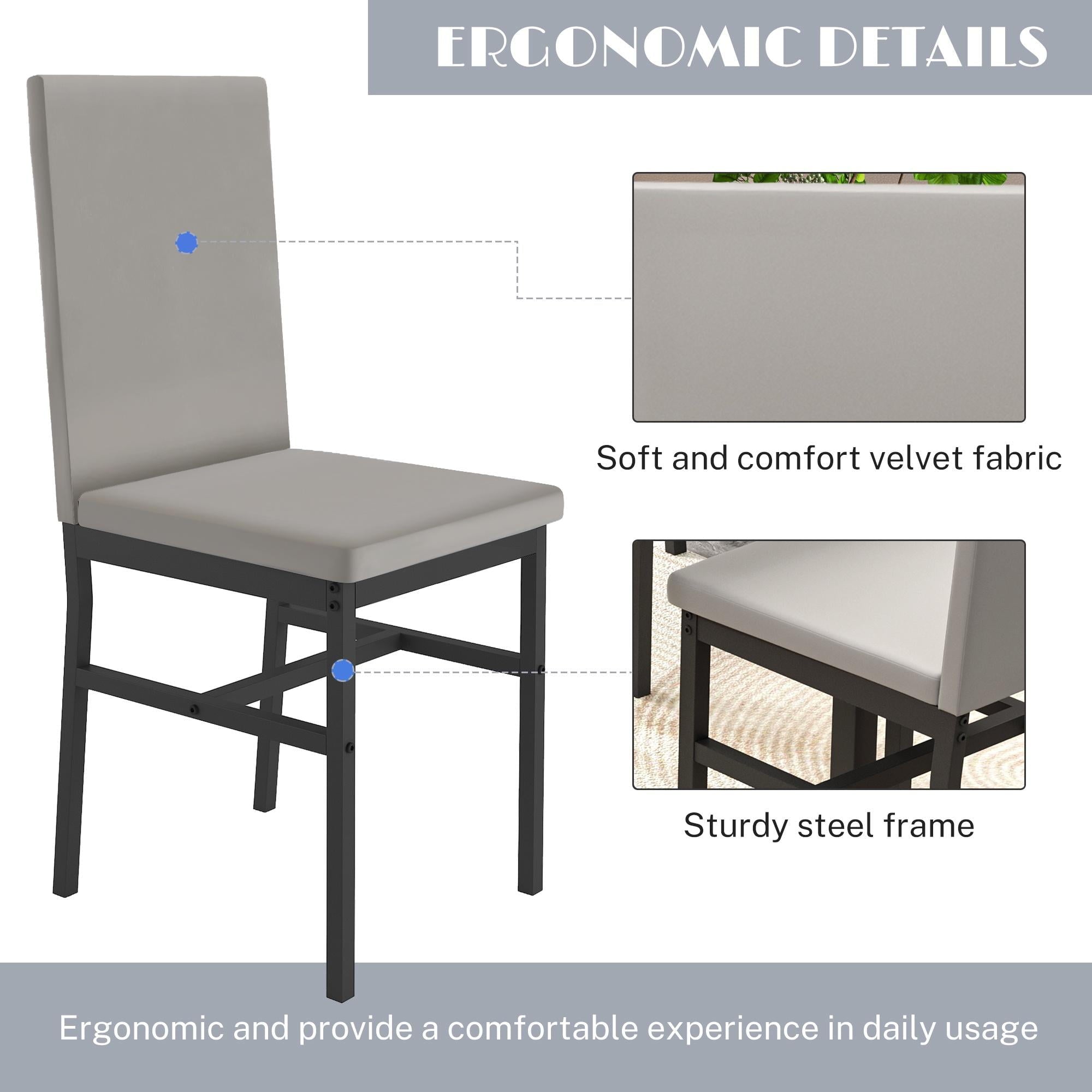 PAPROOS Dining Table Set for 4, Modern 5-Piece Kitchen Table Set with Faux Marble Top and Velvet Upholstery Chairs, Heavy Duty Dinette Sets for Breakfast Nook, Dining Room Table and Chairs, Gray