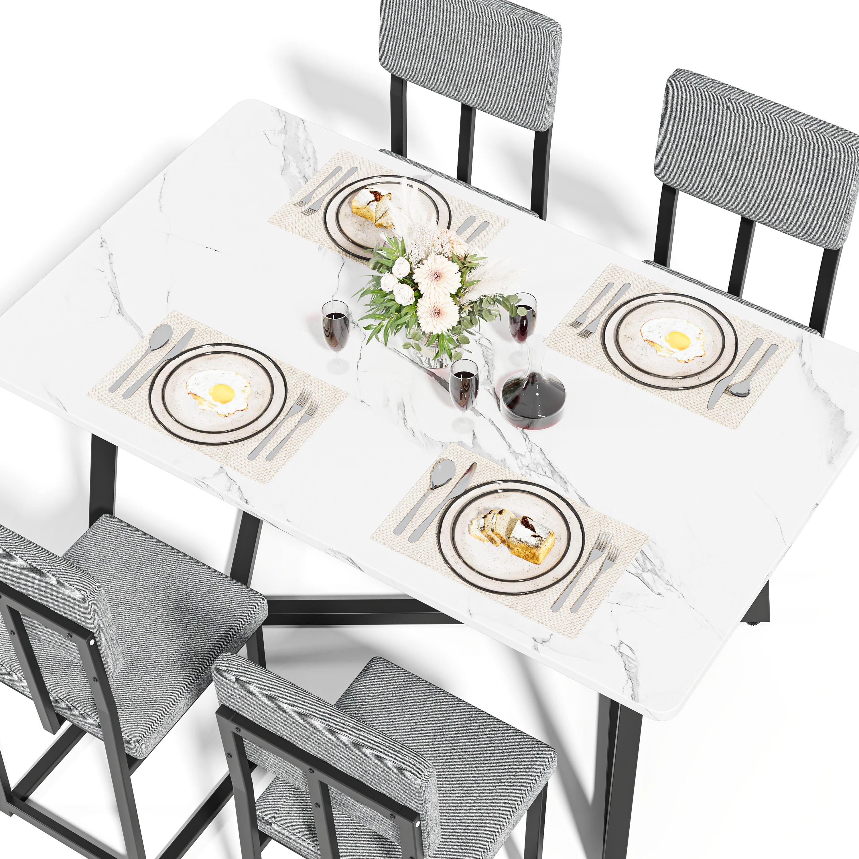 PAPROOS Dining Table Set for 4, 5 Piece Dining Room Table Set with Faux Marble Top and Fabric Upholstery Chairs, Modern Dinette Sets for Breakfast Nook, Kitchen Table and Chairs Set, White&Gray