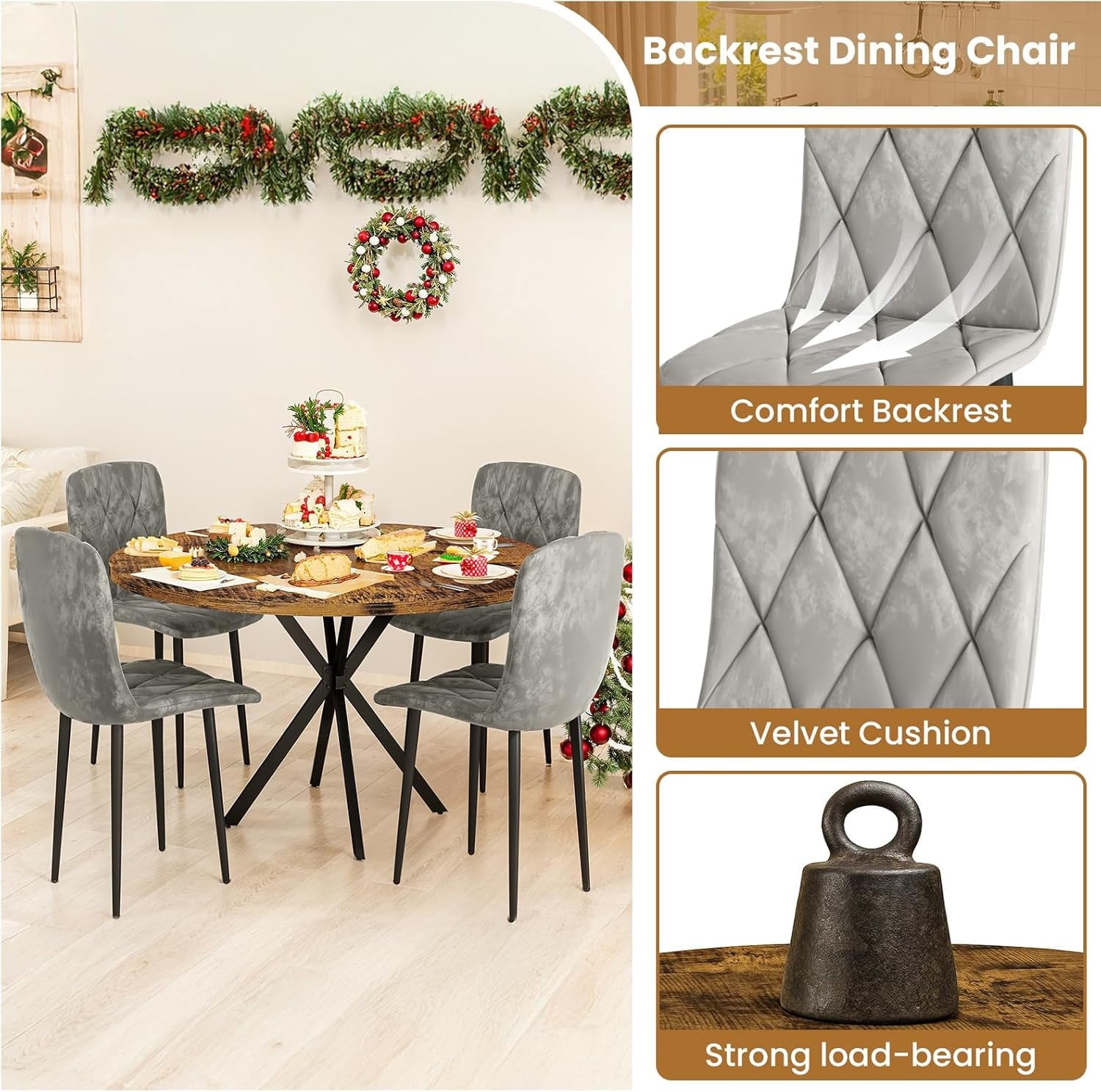 LinkRomat Round Kitchen Table and Chairs Set, 5-Piece Dining Room Table Set with Faux Marble Top & 4 Luxury Diamond Tufted Chairs, Used in Kitchens and Dining (Brown+Gray)