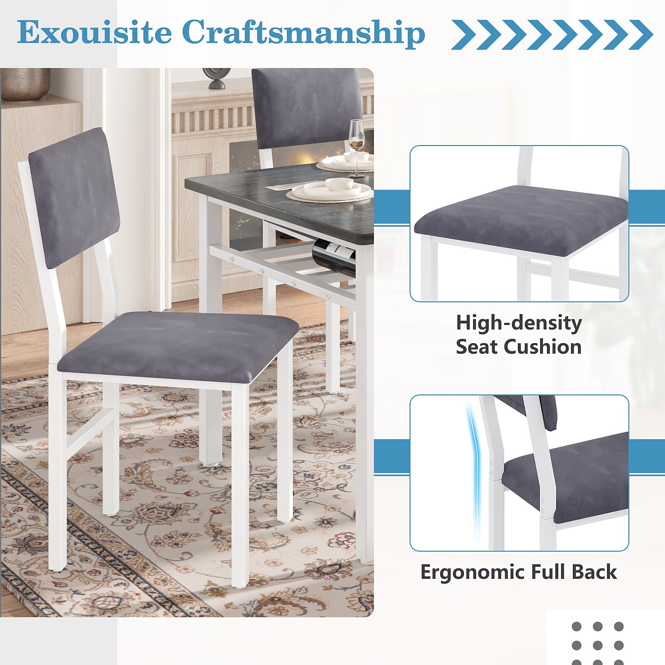 6 Piece Dining Set with Bench, LEGAHOME Modern Dining Table Set for 6, Large Kitchen Table and Chairs for 6 Persons, Rectangle Dinette Sets with 4 Chairs and 1 Bench for Family, Blue Gray