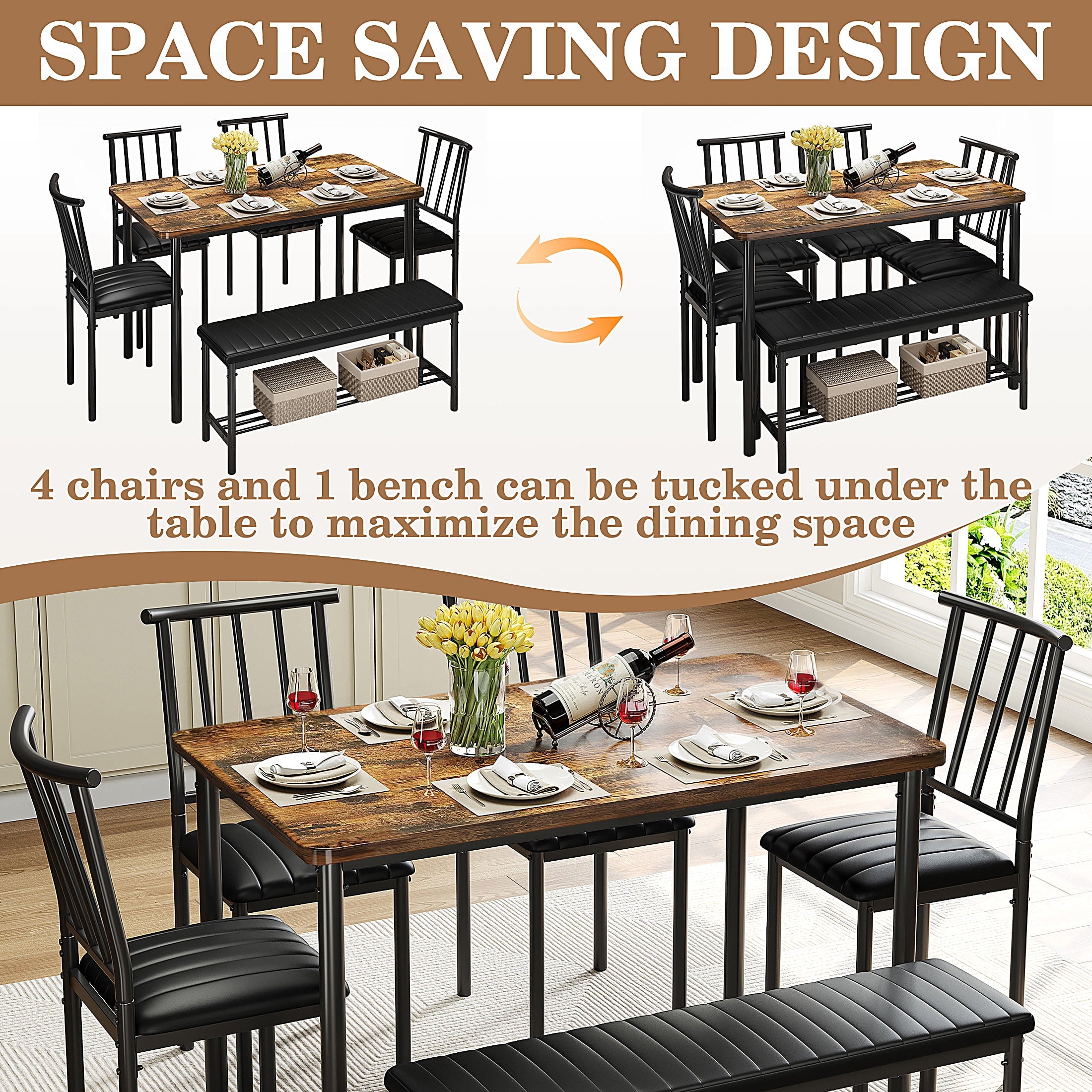 uhomepro Dining Table Set for 6, 6 Piece Kitchen Table Set with 4 PU Leather Chairs and Bench, Dining Set with Storage Rack for Dining Room, Kitchen and Apartment, Brown and Black