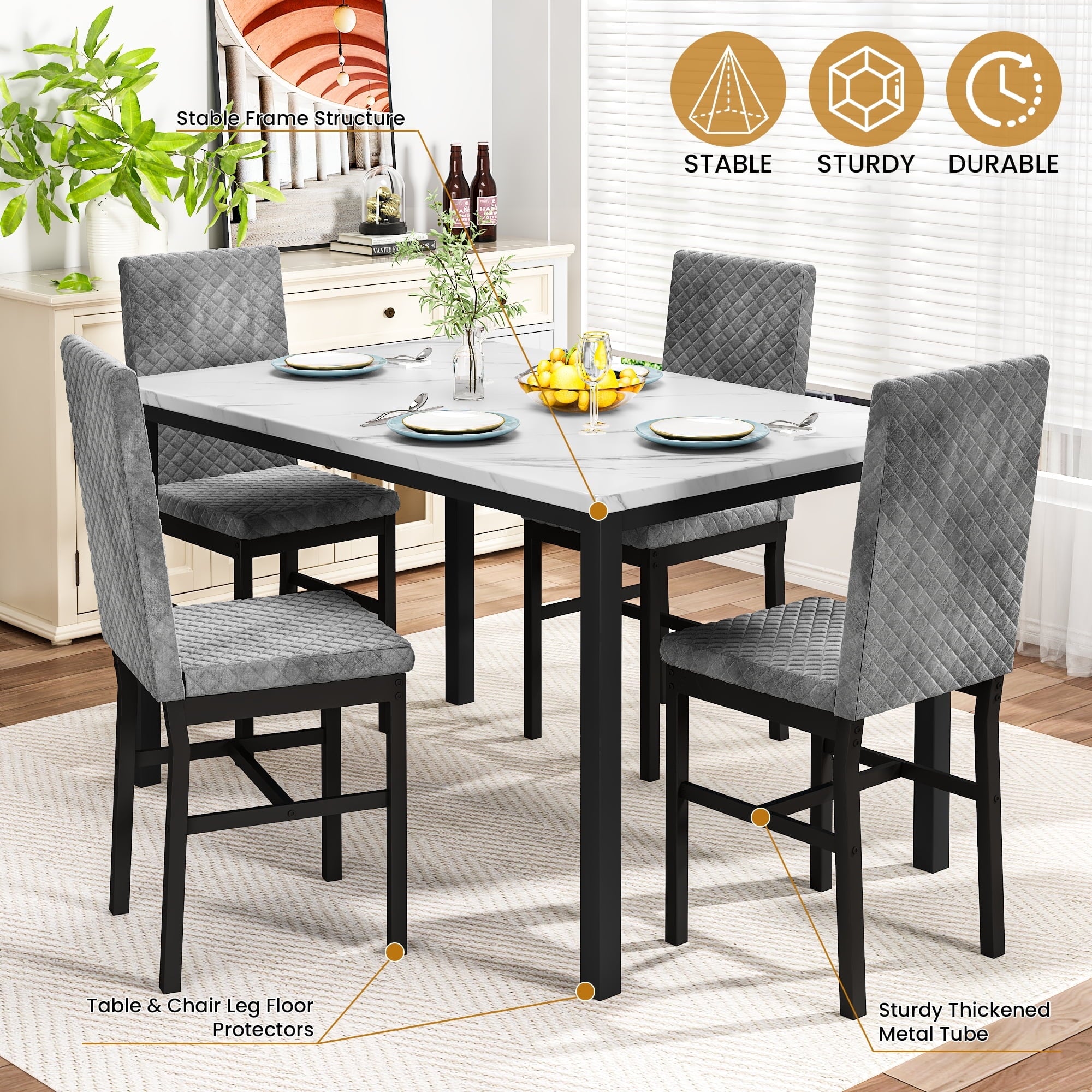 Baxluxe Dining Table Set for 4, Modern 5 Piece Dining Table Set, Faux Marble Kitchen Table and 4 Velvet Upholstered Chairs for Apartments, Dining Rooms, Small Spaces, Gray