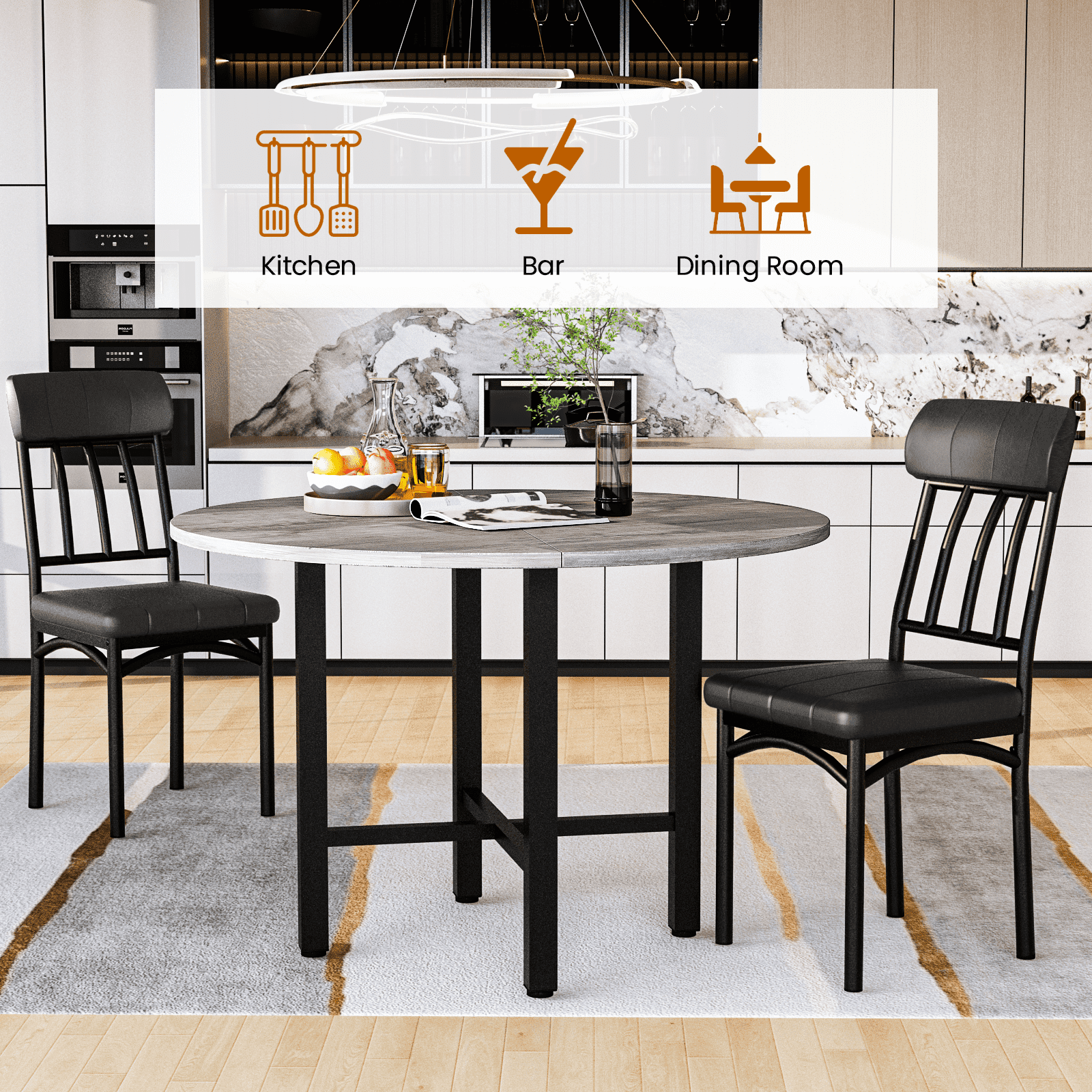 Round Dining Table Set for 4, Solid Wood Thickened Table Top Kitchen Dining Table and Chairs Set, Modern Dining Room Dining Table Set for 4 for Apartment, Kitchen, Dining Room, Rustic Gray