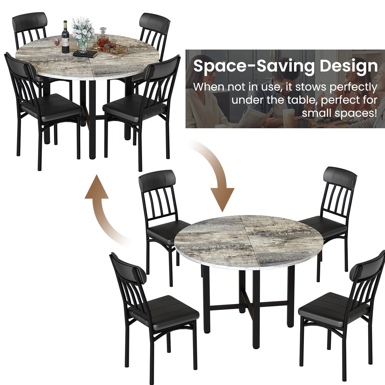 Round Dining Table Set for 4, Solid Wood Thickened Table Top Kitchen Dining Table and Chairs Set, Modern Dining Room Dining Table Set for 4 for Apartment, Kitchen, Dining Room, Rustic Gray