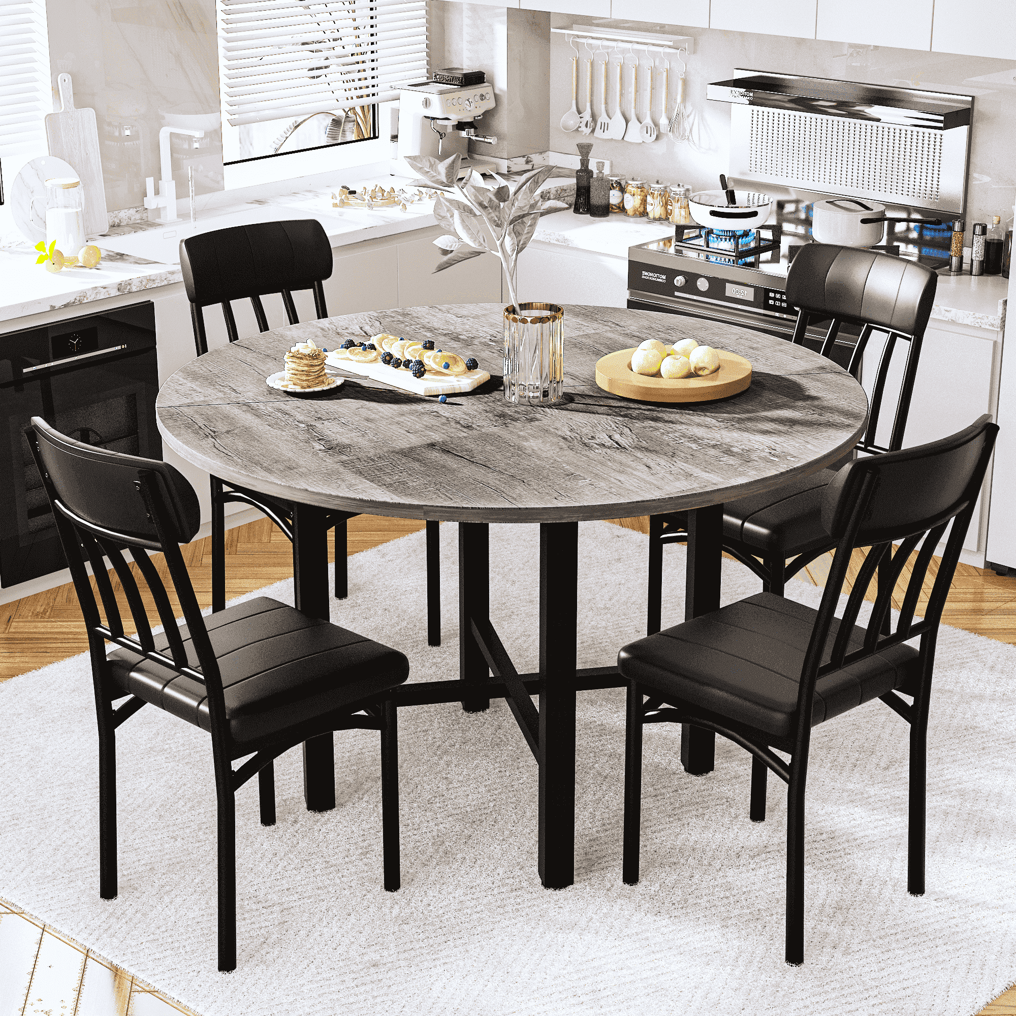 Round Dining Table Set for 4, Solid Wood Thickened Table Top Kitchen Dining Table and Chairs Set, Modern Dining Room Dining Table Set for 4 for Apartment, Kitchen, Dining Room, Rustic Gray