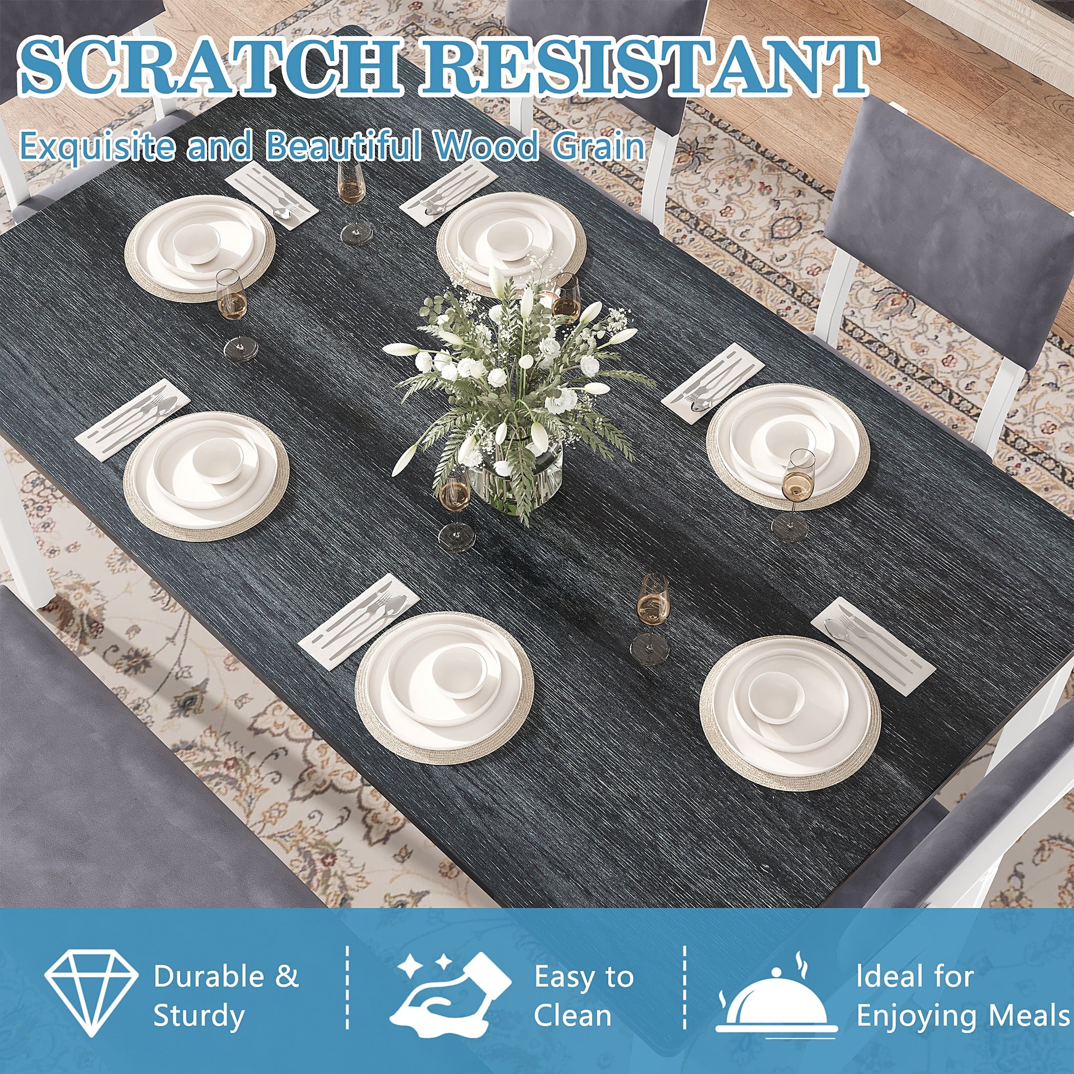 6 Piece Dining Set with Bench, LEGAHOME Modern Dining Table Set for 6, Large Kitchen Table and Chairs for 6 Persons, Rectangle Dinette Sets with 4 Chairs and 1 Bench for Family, Blue Gray