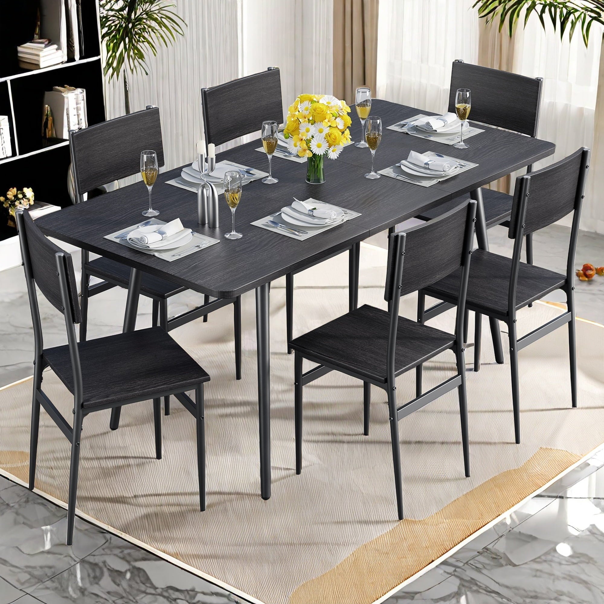 63” Kitchen Table and Chairs Set for 6, Lofka Extendable Dining Table Sets with 6 Wood High Back Seating Chairs, Black