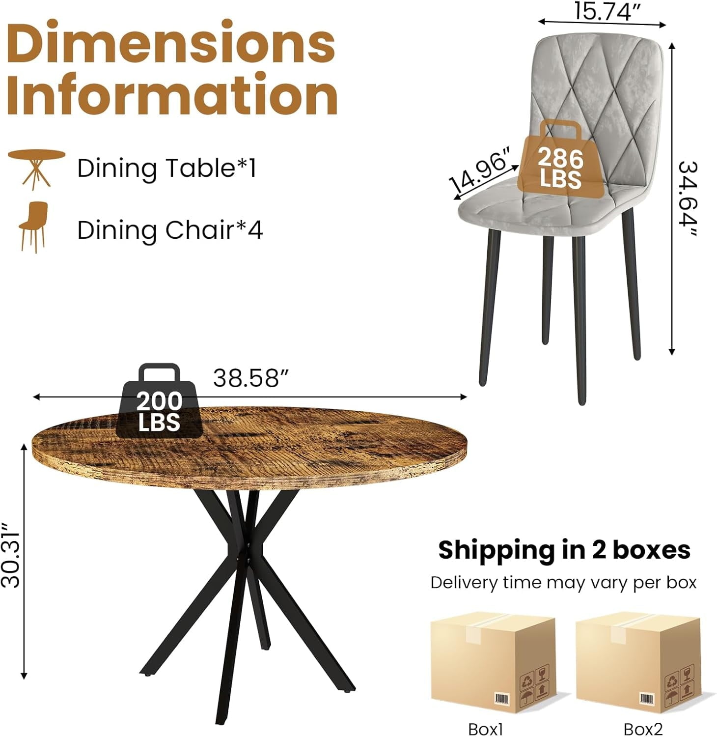 LinkRomat Round Kitchen Table and Chairs Set, 5-Piece Dining Room Table Set with Faux Marble Top & 4 Luxury Diamond Tufted Chairs, Used in Kitchens and Dining (Brown+Gray)