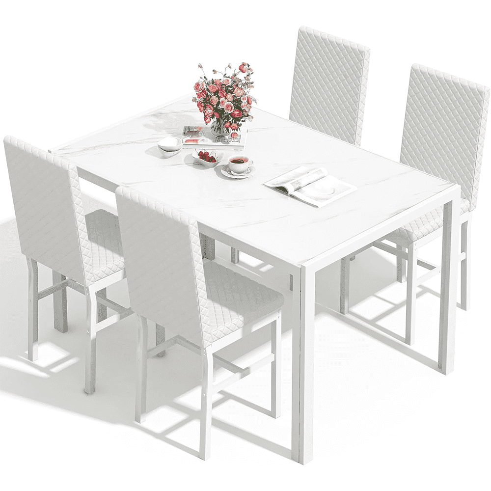 LinkRomat Dining Set for 4, Faux Marble Kitchen Glass Table and 4 PU Leather Upholstered Chairs for Dining Room, Modern Coffee Dinette, Compact Space