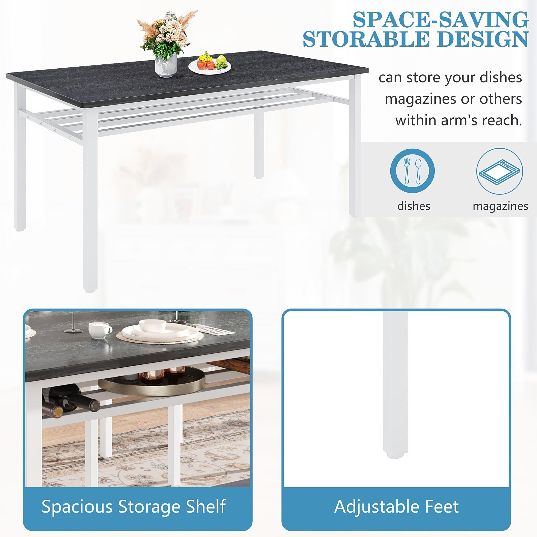 6 Piece Dining Set with Bench, LEGAHOME Modern Dining Table Set for 6, Large Kitchen Table and Chairs for 6 Persons, Rectangle Dinette Sets with 4 Chairs and 1 Bench for Family, Blue Gray