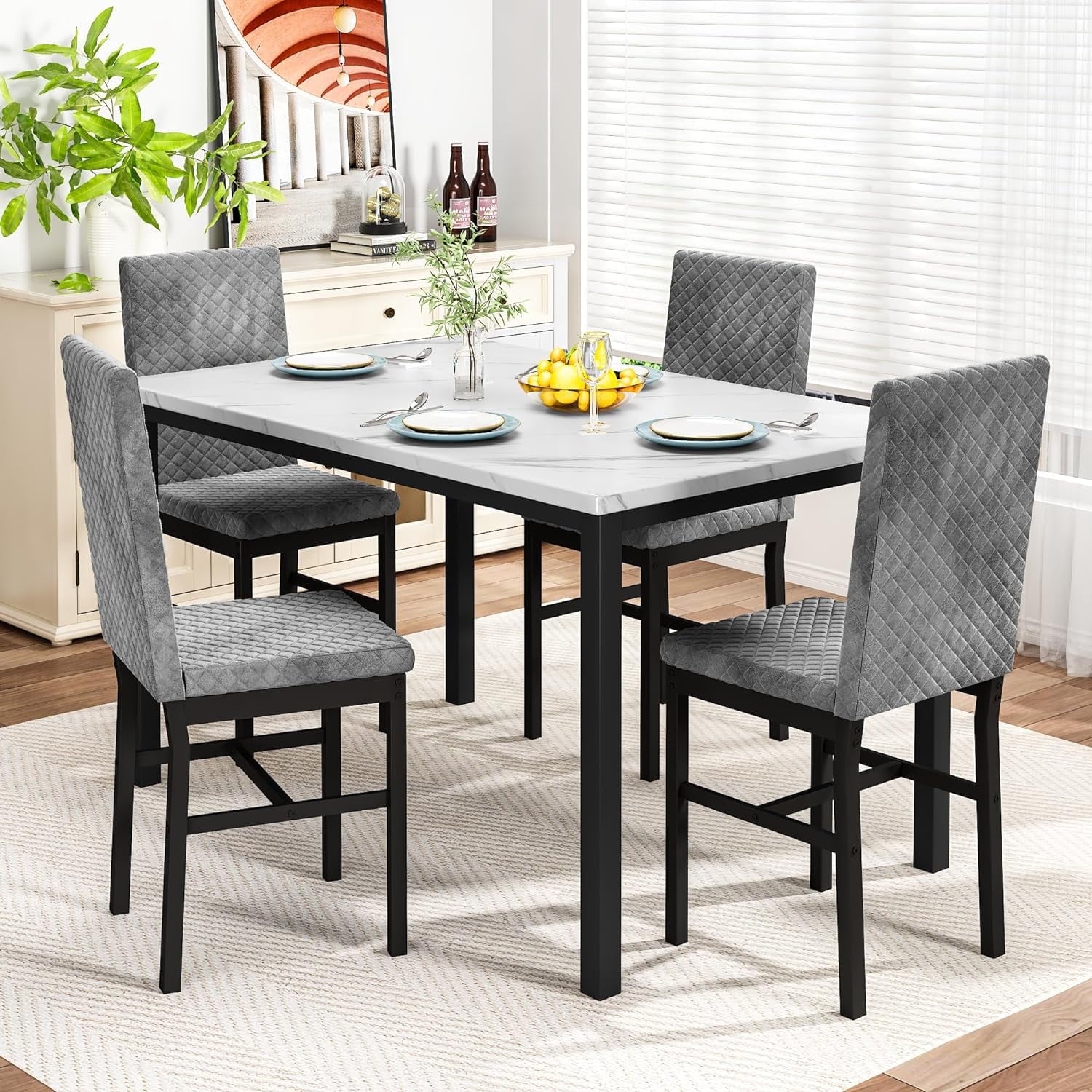 Baxluxe Dining Table Set for 4, Modern 5 Piece Dining Table Set, Faux Marble Kitchen Table and 4 Velvet Upholstered Chairs for Apartments, Dining Rooms, Small Spaces, Gray