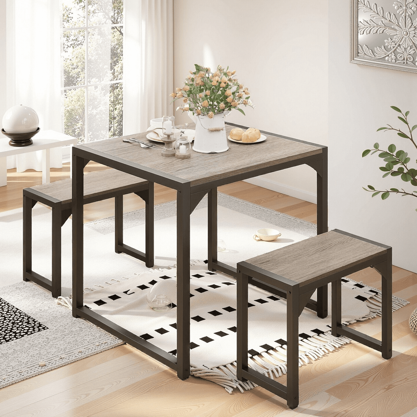 Aiho 4-Piece Dining Table Set - Industrial Kitchen Table & Chairs with Stain-Resistant Oak Top, Space Saving Design for Small Homes, Retro