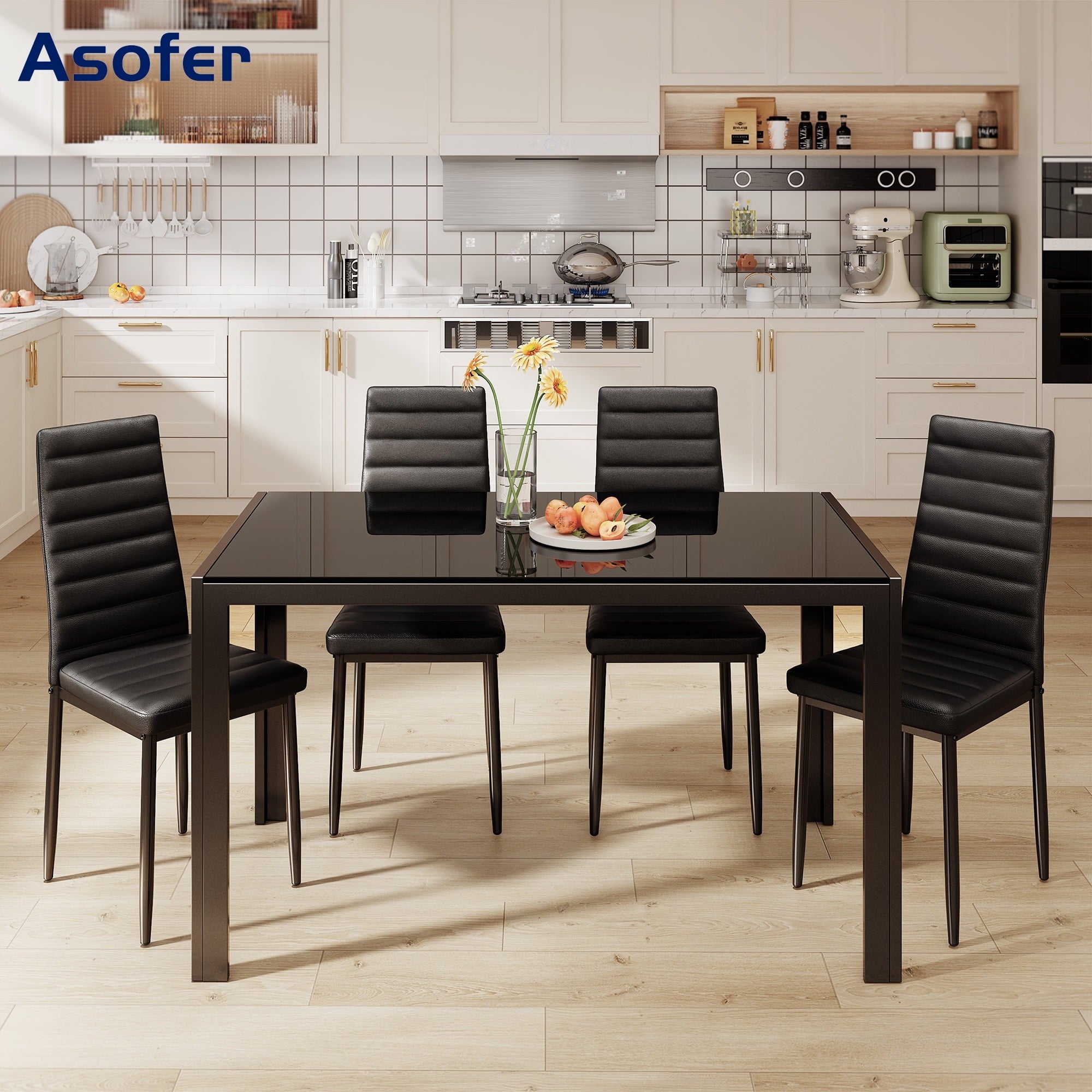 Dining Table Set for 2, Asofer Kitchen Table Set with Upholstered PU Leather Chairs for Kitchen Room, Living Room, Apartment, Black