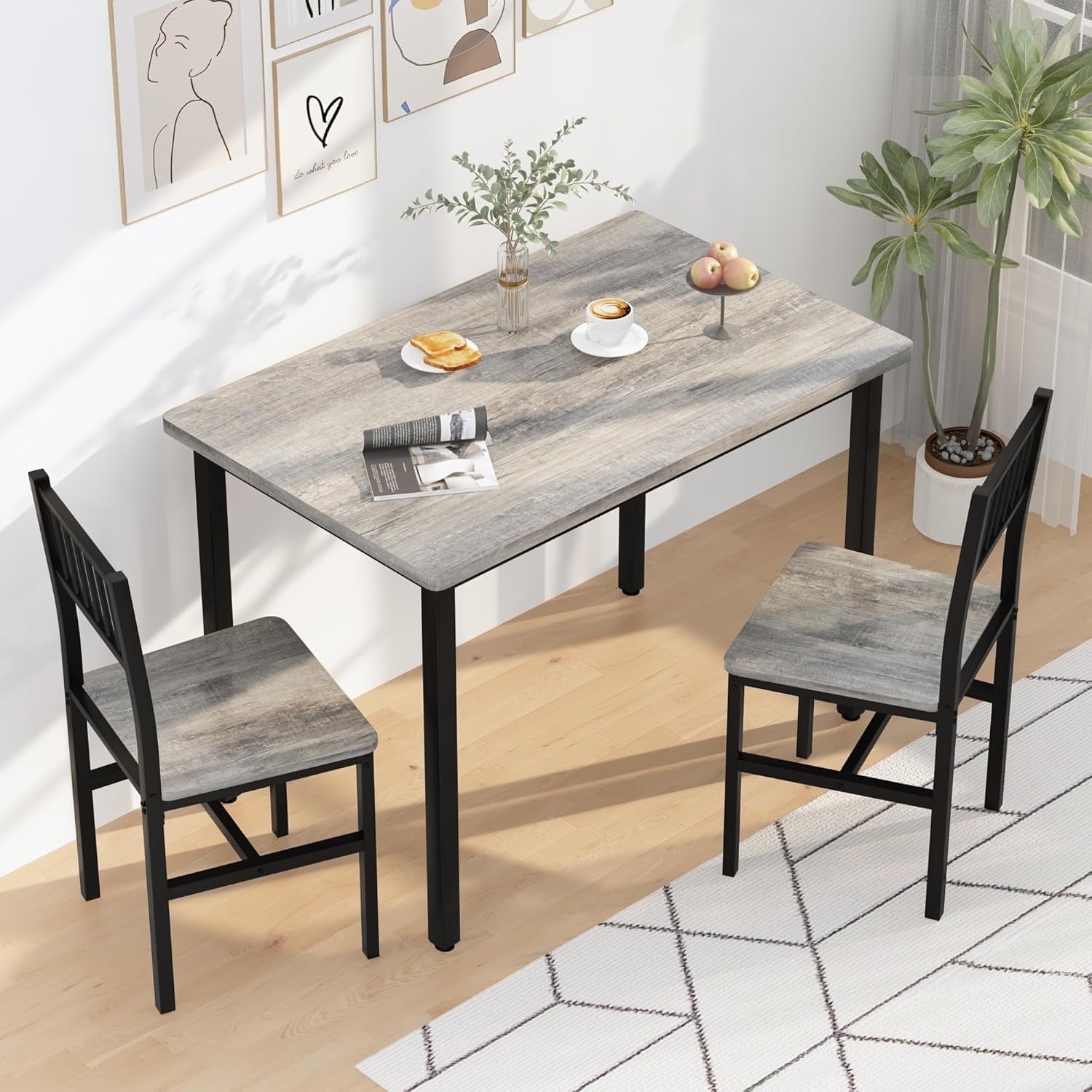 Baxluxe Dining Table Set, Rustic Kitchen Table and 2 Chairs with Metal Frame, Dining Room Dining Table Set, Small Space Breakfast Dining Table Set, Dining Room, Kitchen, Rustic Brown