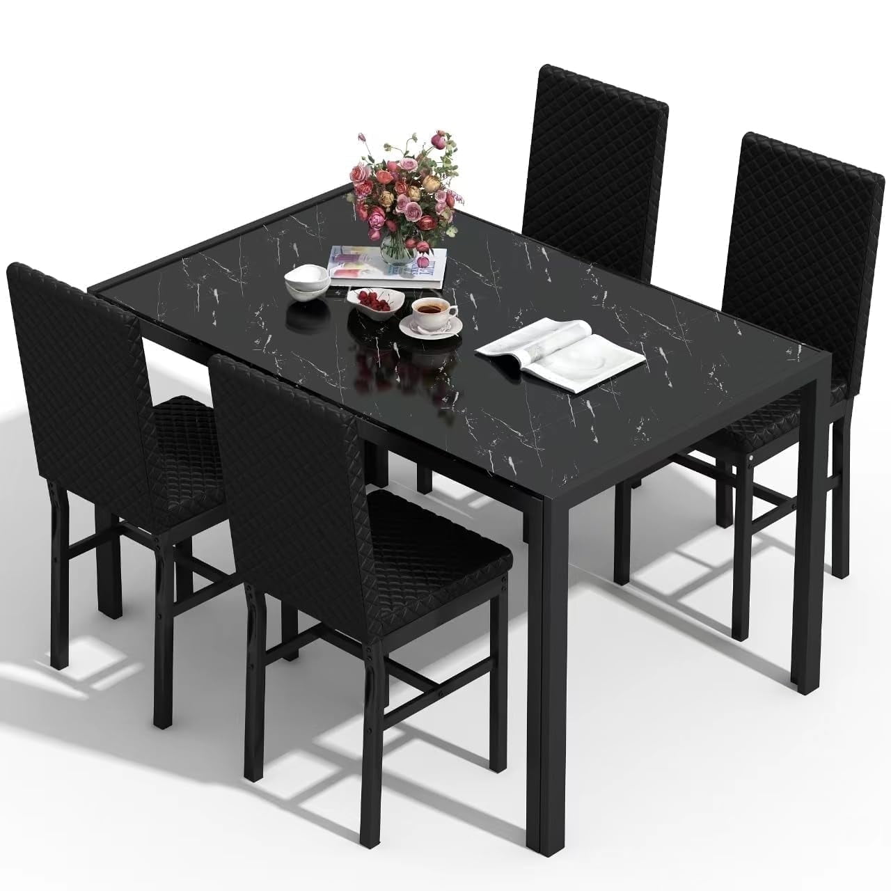 Baxluxe Dining Table Set for 4, Modern 5 Piece Dining Table Set, Faux Marble Kitchen Table and 4 Velvet Upholstered Chairs for Apartments, Dining Rooms, Small Spaces, Gray