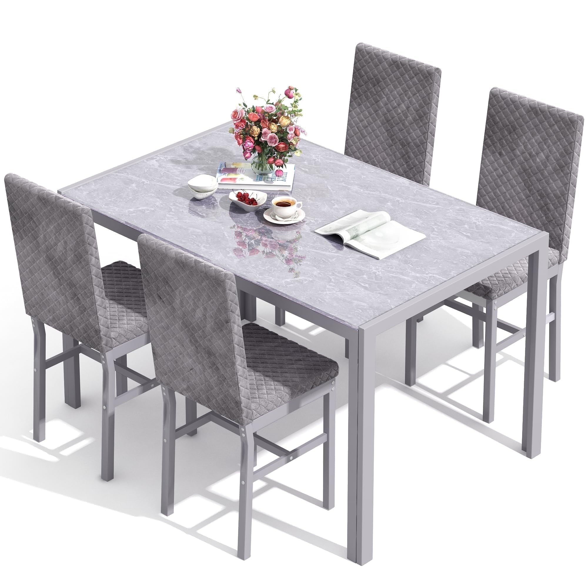 Baxluxe Dining Table Set for 4, Modern 5 Piece Dining Table Set, Faux Marble Kitchen Table and 4 Velvet Upholstered Chairs for Apartments, Dining Rooms, Small Spaces, Gray