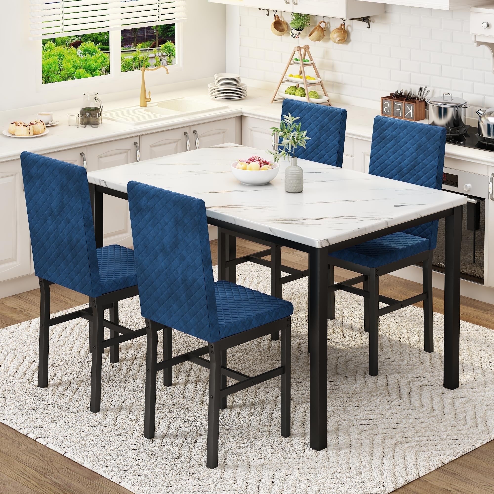 Baxluxe Dining Table Set for 4, Modern 5 Piece Dining Table Set, Faux Marble Kitchen Table and 4 Velvet Upholstered Chairs for Apartments, Dining Rooms, Small Spaces, Gray