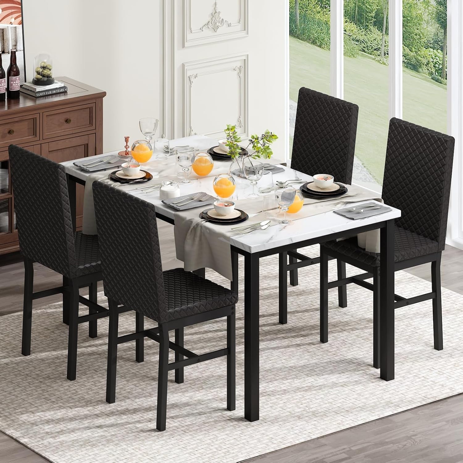 Baxluxe Dining Table Set for 4, Modern 5 Piece Dining Table Set, Faux Marble Kitchen Table and 4 Velvet Upholstered Chairs for Apartments, Dining Rooms, Small Spaces, Gray