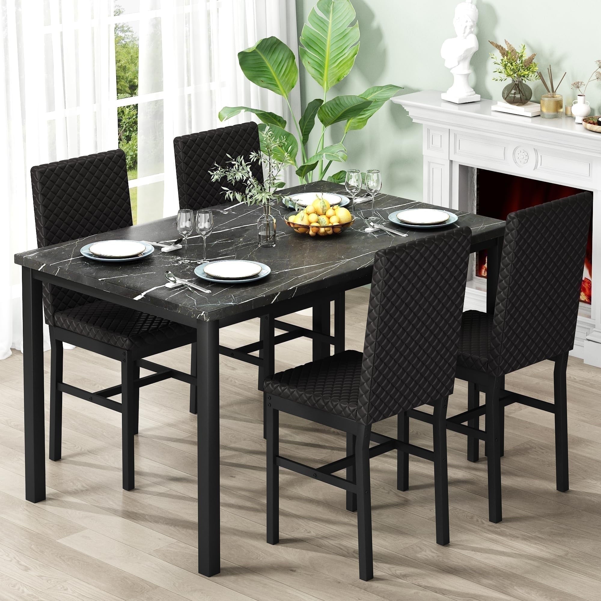 Baxluxe Dining Table Set for 4, Modern 5 Piece Dining Table Set, Faux Marble Kitchen Table and 4 Velvet Upholstered Chairs for Apartments, Dining Rooms, Small Spaces, Gray