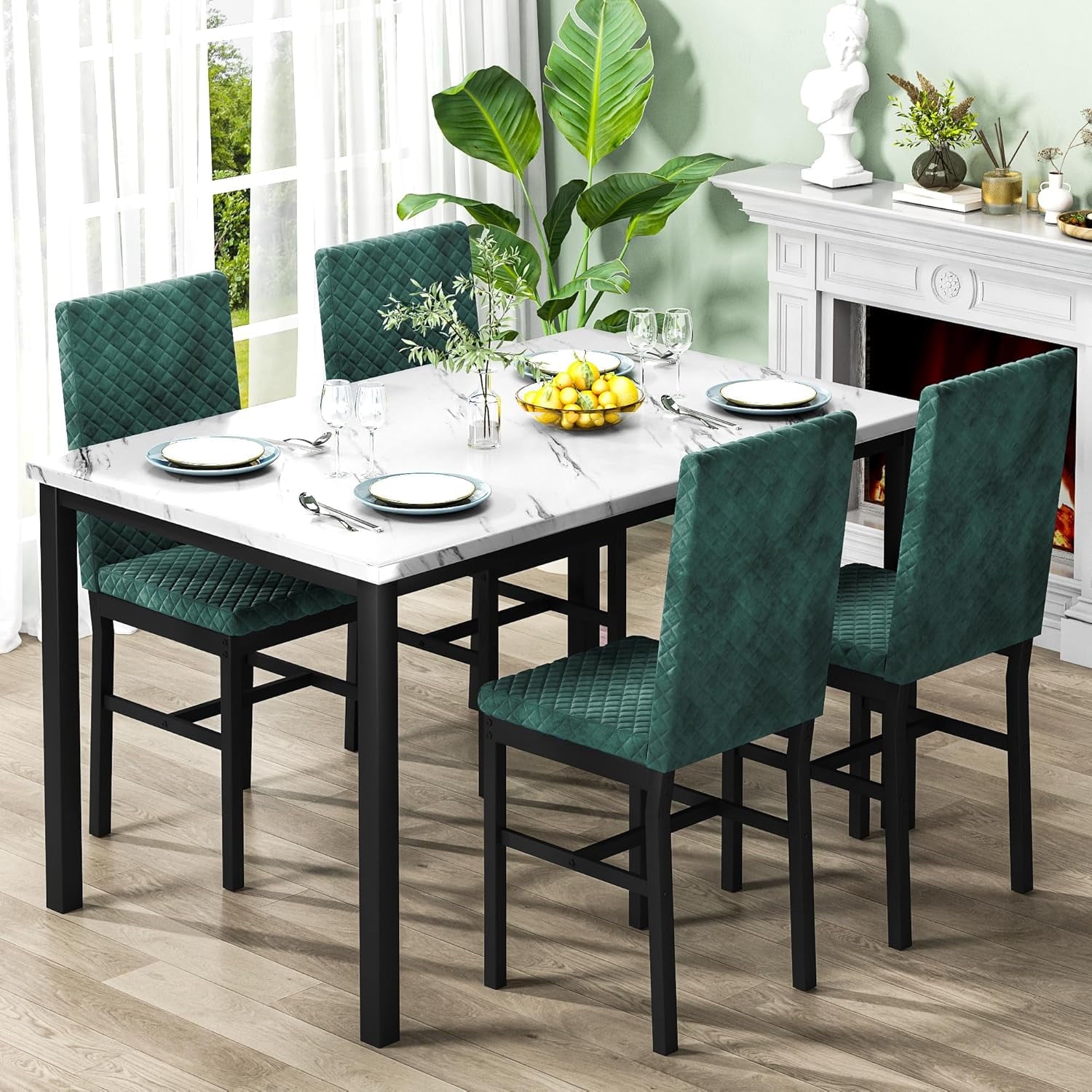 Baxluxe Dining Table Set for 4, Modern 5 Piece Dining Table Set, Faux Marble Kitchen Table and 4 Velvet Upholstered Chairs for Apartments, Dining Rooms, Small Spaces, Gray