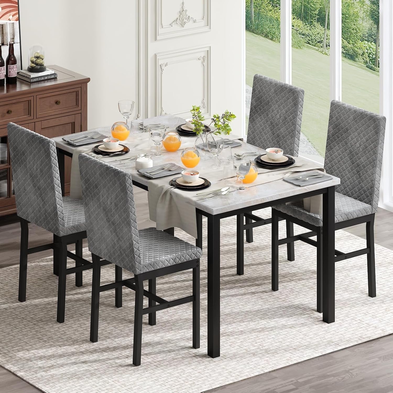 Baxluxe Dining Table Set for 4, Modern 5 Piece Dining Table Set, Faux Marble Kitchen Table and 4 Velvet Upholstered Chairs for Apartments, Dining Rooms, Small Spaces, Gray