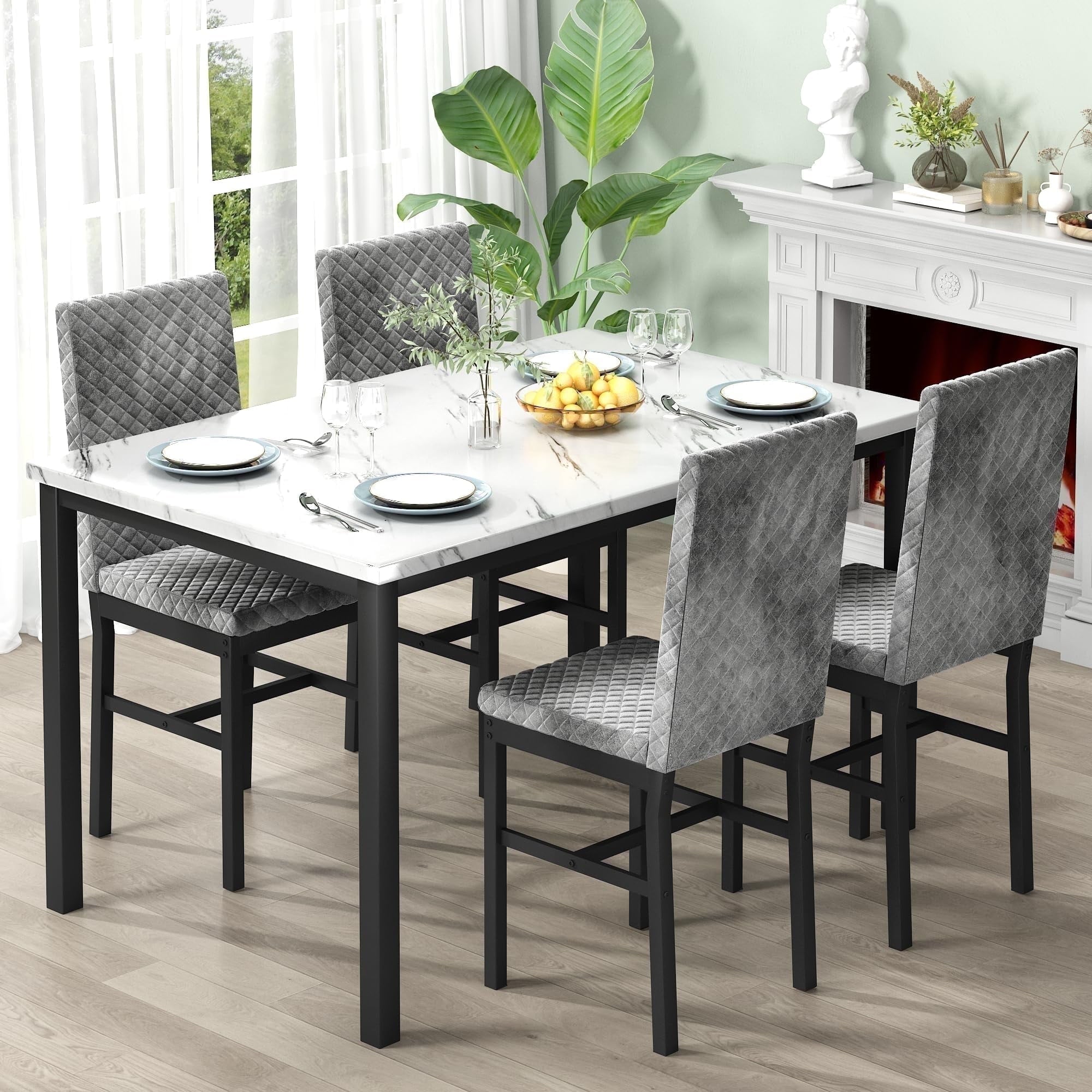 Baxluxe Dining Table Set for 4, Modern 5 Piece Dining Table Set, Faux Marble Kitchen Table and 4 Velvet Upholstered Chairs for Apartments, Dining Rooms, Small Spaces, Gray