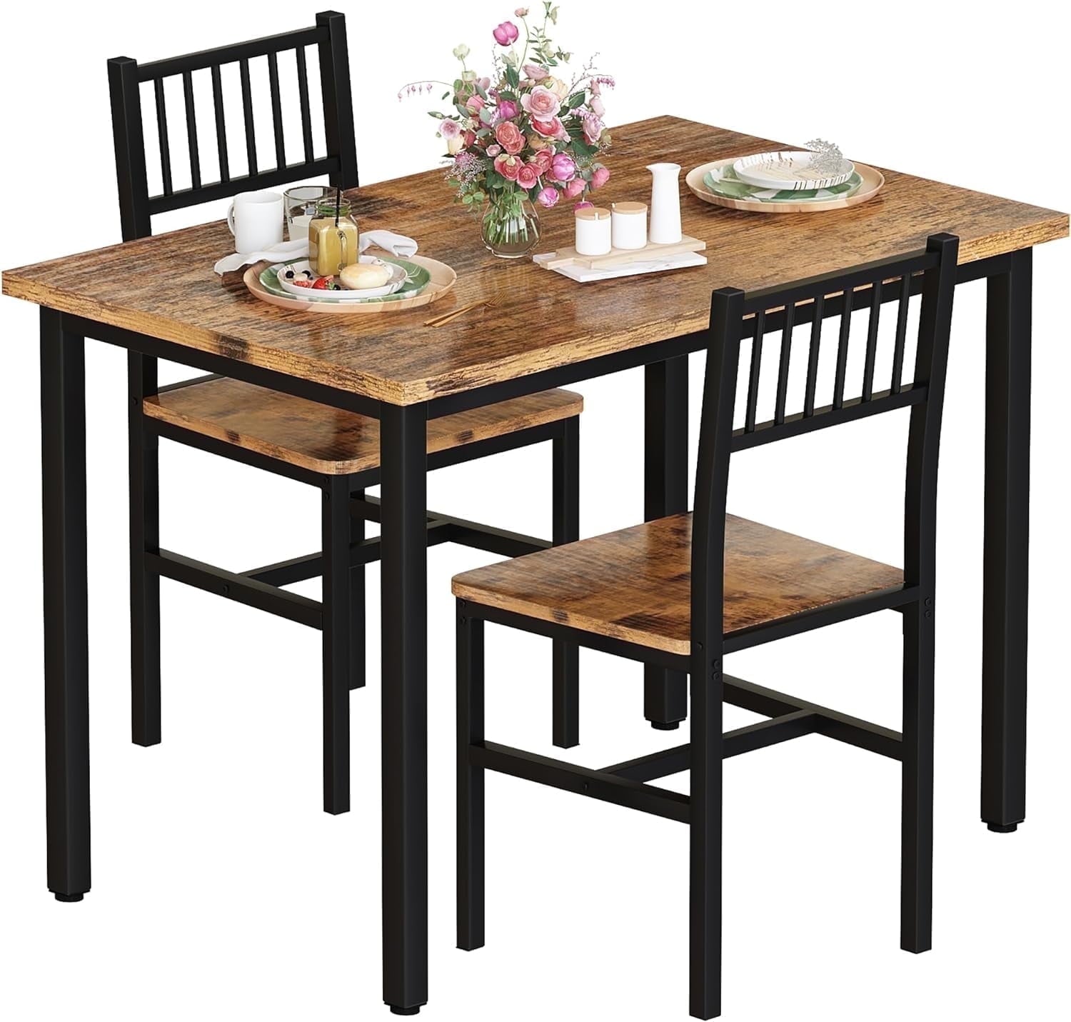 Baxluxe Dining Table Set, Rustic Kitchen Table and 2 Chairs with Metal Frame, Dining Room Dining Table Set, Small Space Breakfast Dining Table Set, Dining Room, Kitchen, Rustic Brown