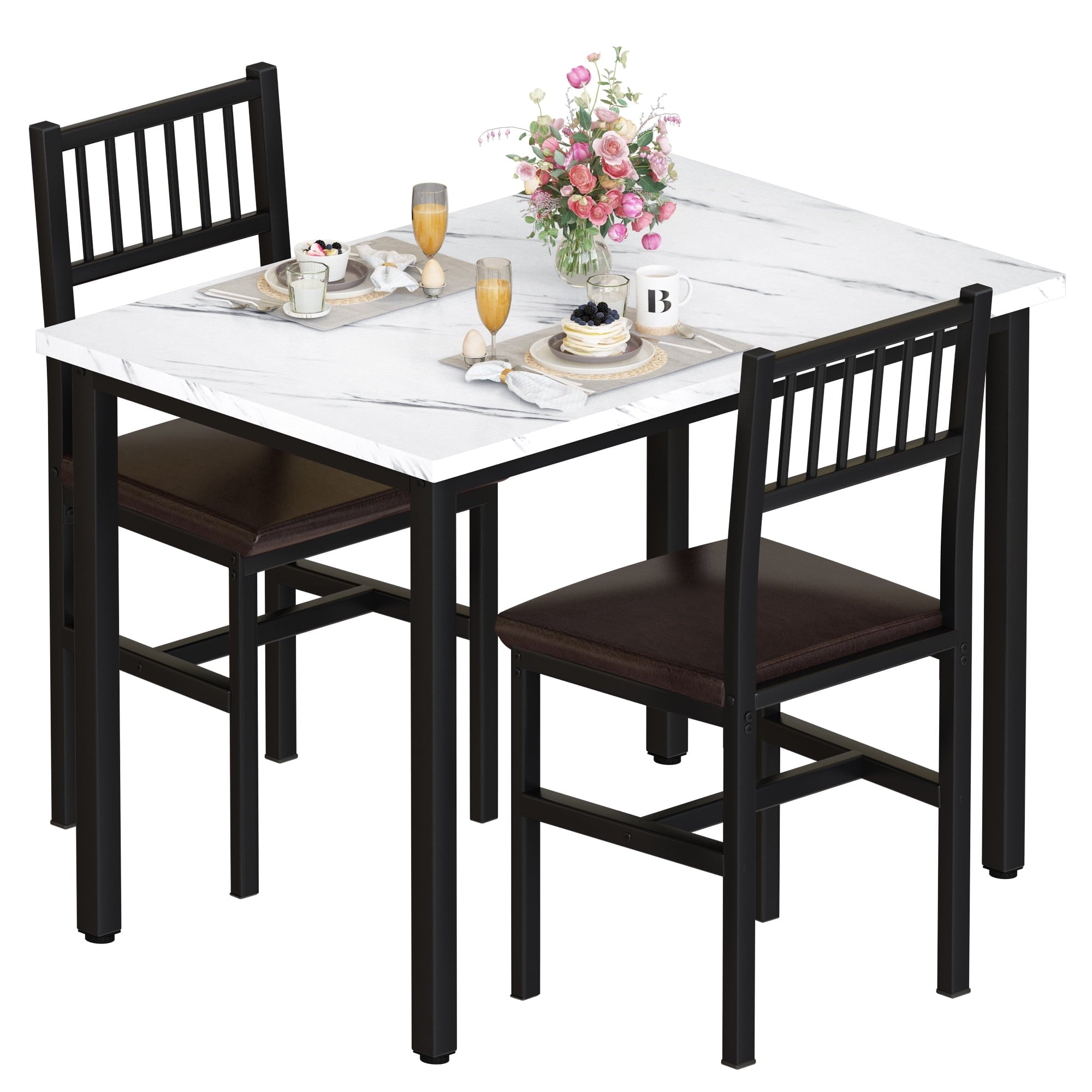Baxluxe Dining Table Set, Rustic Kitchen Table and 2 Chairs with Metal Frame, Dining Room Dining Table Set, Small Space Breakfast Dining Table Set, Dining Room, Kitchen, Rustic Brown