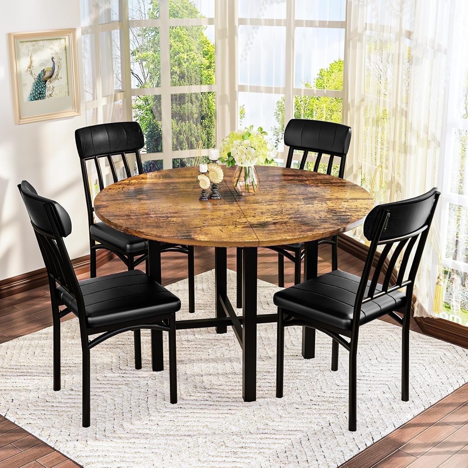 Round Dining Table Set for 4, Solid Wood Thickened Table Top Kitchen Dining Table and Chairs Set, Modern Dining Room Dining Table Set for 4 for Apartment, Kitchen, Dining Room, Rustic Gray