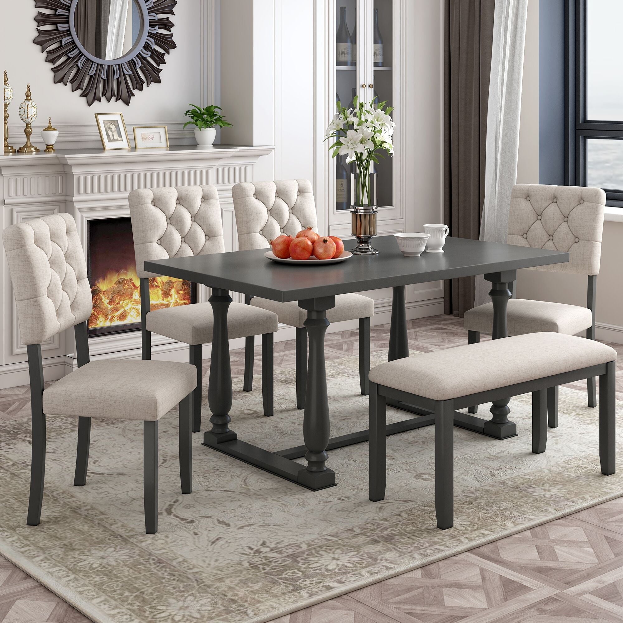 Bellemave 6 Piece Kitchen Dining Table Set, Rectangular Table with 4 Upholstered Chairs and a Bench, Wood Dining Room Table Set for 6 People, Living Room Furniture（Gray Wash）