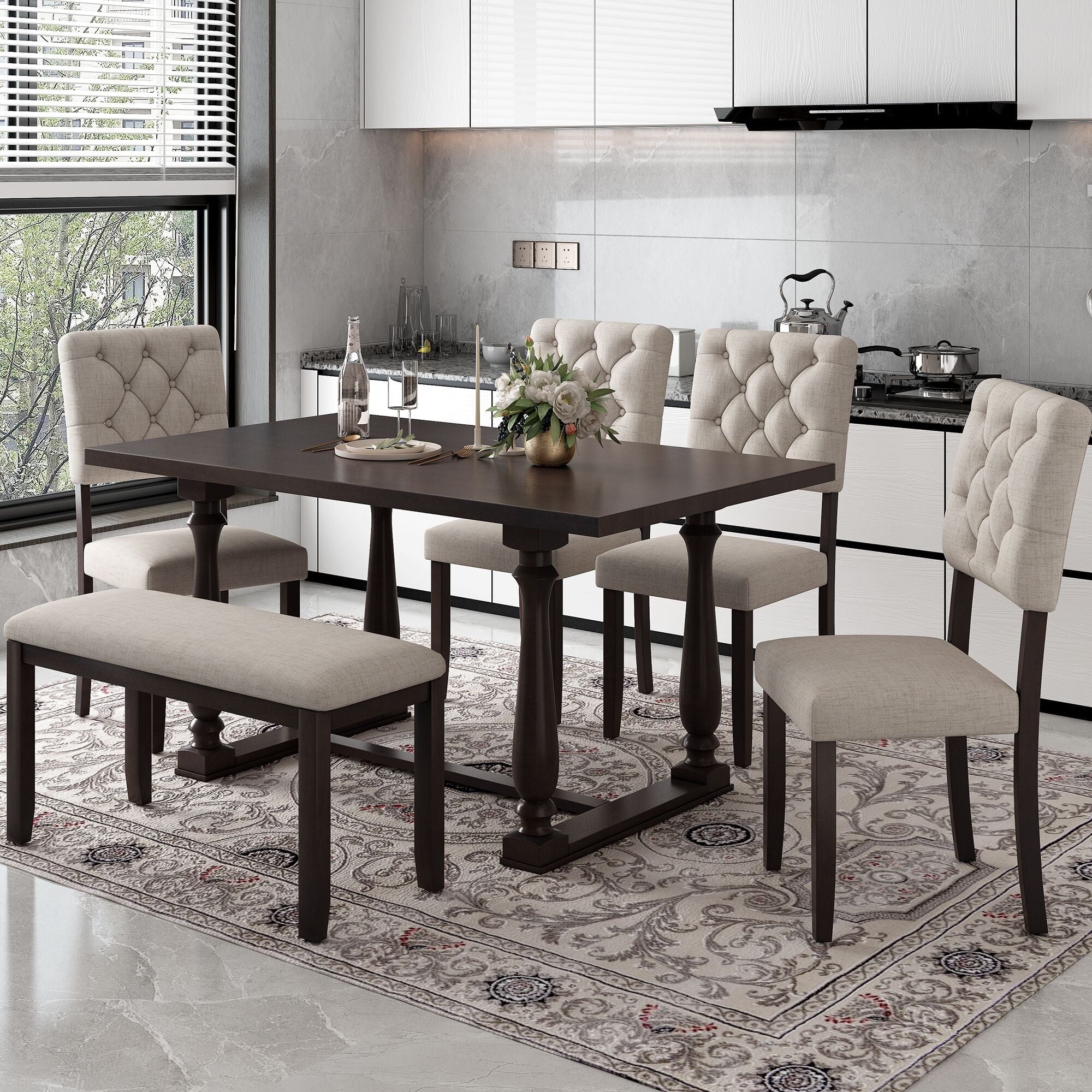 Bellemave 6 Piece Kitchen Dining Table Set, Rectangular Table with 4 Upholstered Chairs and a Bench, Wood Dining Room Table Set for 6 People, Living Room Furniture（Gray Wash）