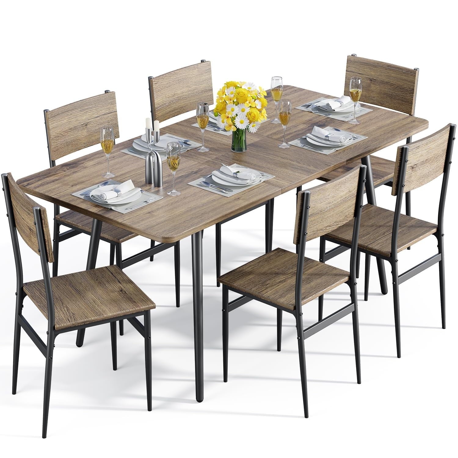 63” Kitchen Table and Chairs Set for 6, Lofka Extendable Dining Table Sets with 6 Wood High Back Seating Chairs, Black