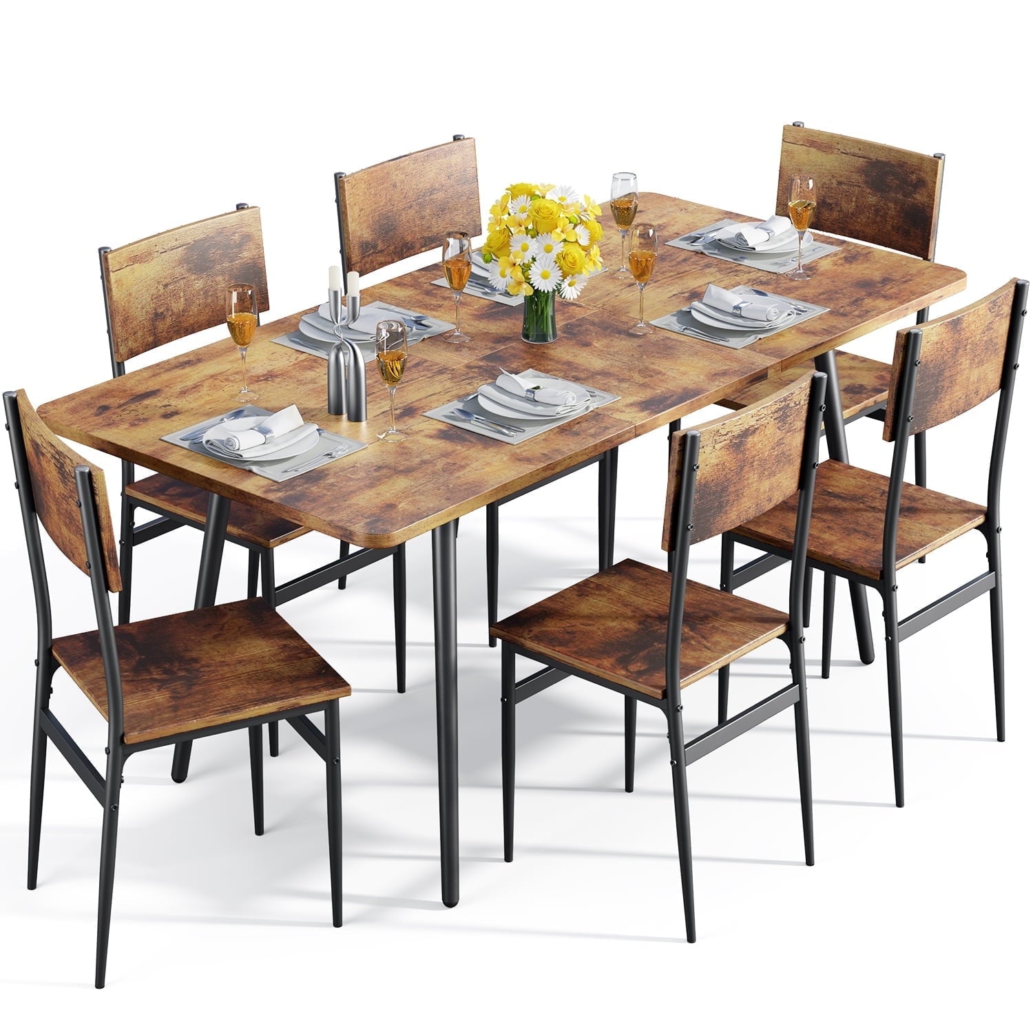 63” Kitchen Table and Chairs Set for 6, Lofka Extendable Dining Table Sets with 6 Wood High Back Seating Chairs, Black