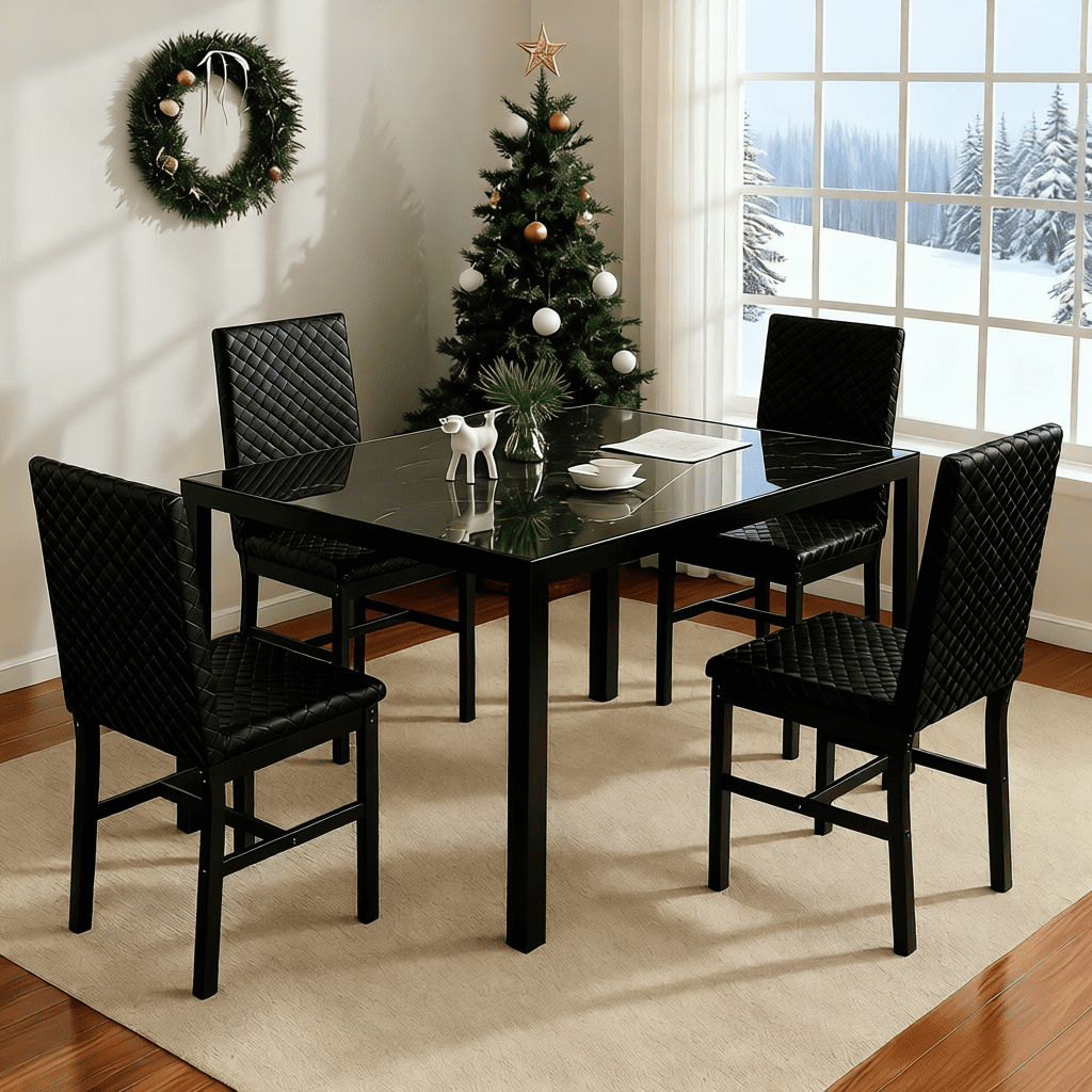 LinkRomat Dining Set for 4, Faux Marble Kitchen Glass Table and 4 PU Leather Upholstered Chairs for Dining Room, Modern Coffee Dinette, Compact Space