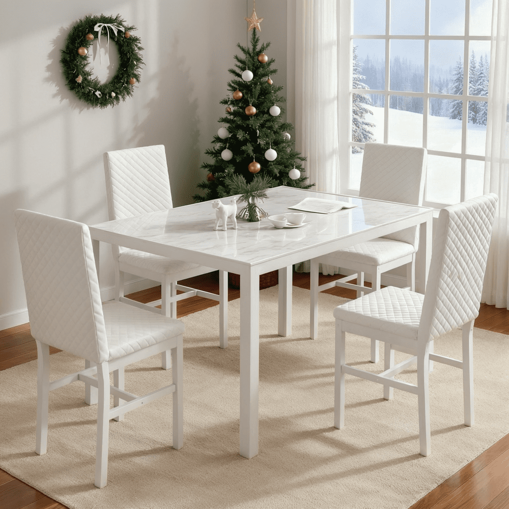 LinkRomat Dining Set for 4, Faux Marble Kitchen Glass Table and 4 PU Leather Upholstered Chairs for Dining Room, Modern Coffee Dinette, Compact Space