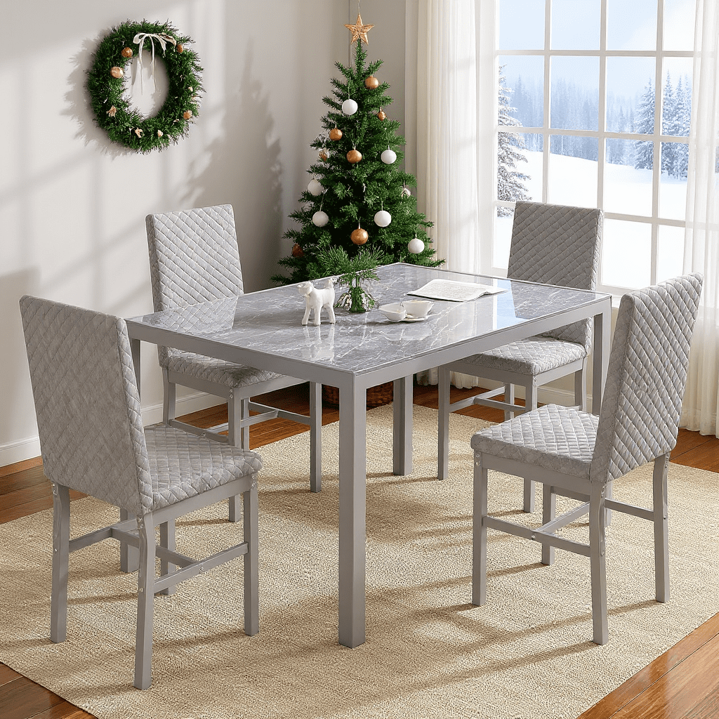 LinkRomat Dining Set for 4, Faux Marble Kitchen Glass Table and 4 PU Leather Upholstered Chairs for Dining Room, Modern Coffee Dinette, Compact Space