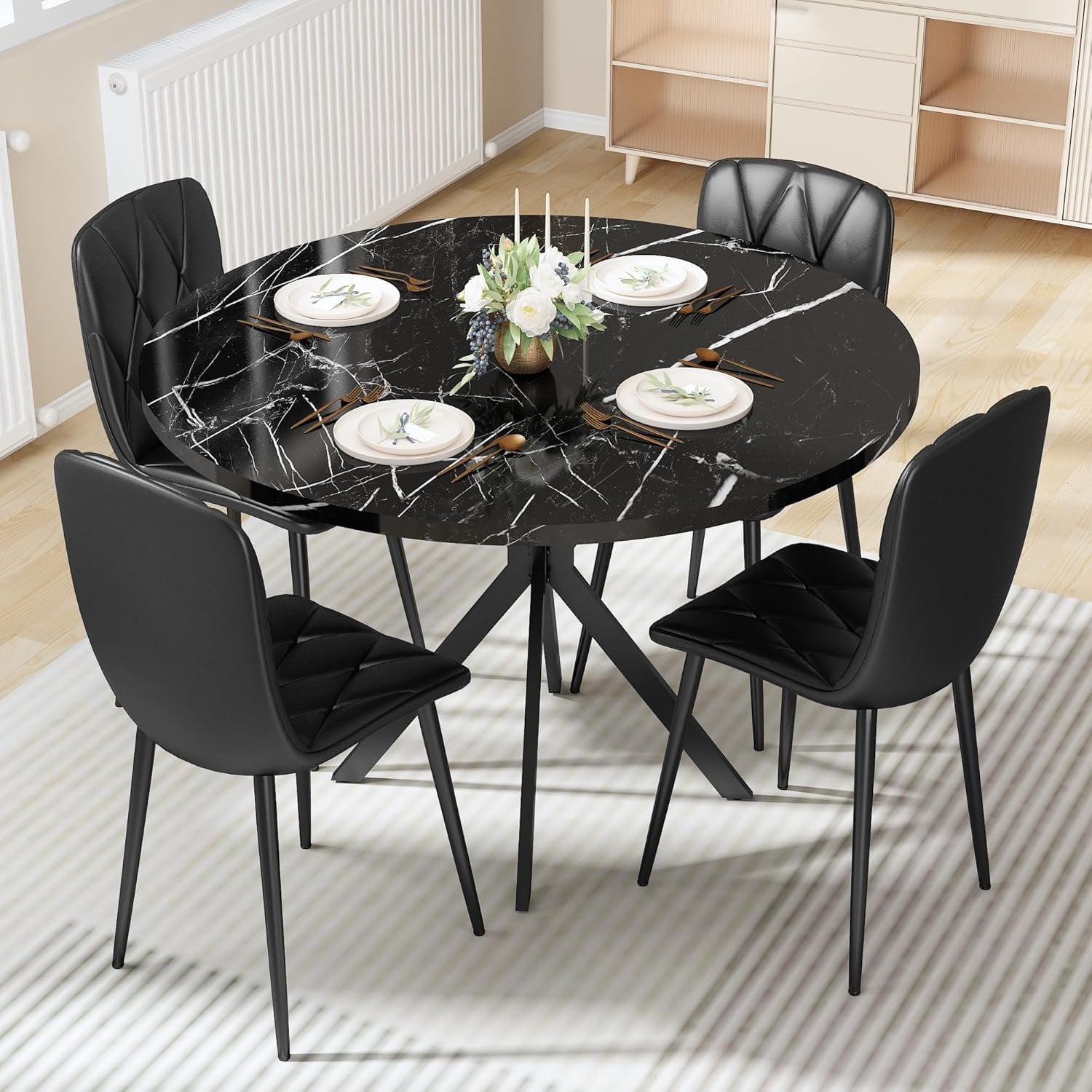 LinkRomat Round Kitchen Table and Chairs Set, 5-Piece Dining Room Table Set with Faux Marble Top & 4 Luxury Diamond Tufted Chairs, Used in Kitchens and Dining (Brown+Gray)