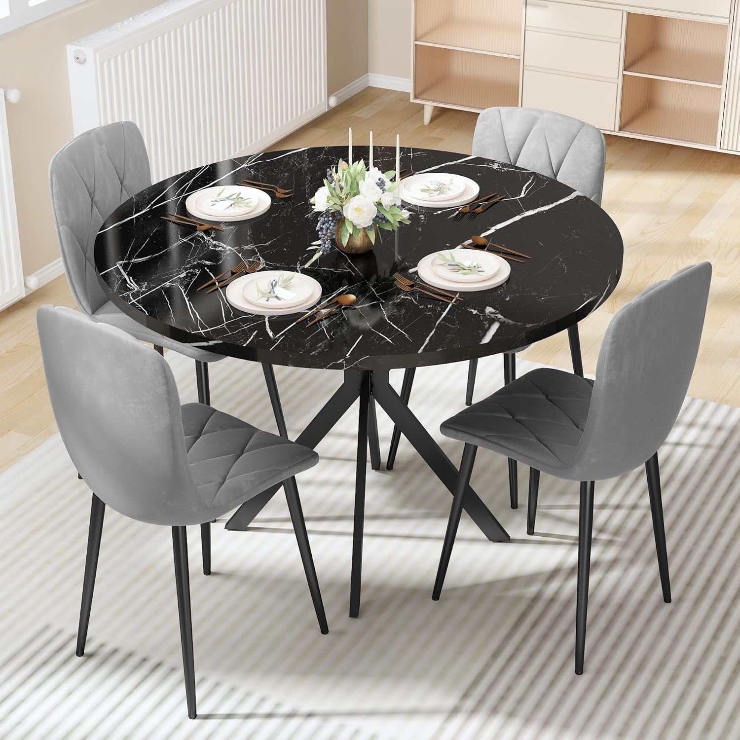 LinkRomat Round Kitchen Table and Chairs Set, 5-Piece Dining Room Table Set with Faux Marble Top & 4 Luxury Diamond Tufted Chairs, Used in Kitchens and Dining (Brown+Gray)