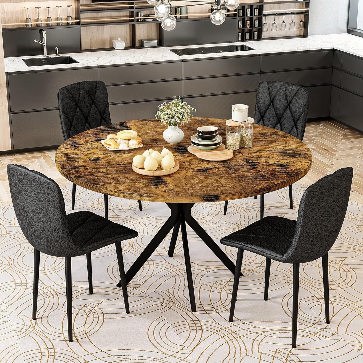 LinkRomat Round Kitchen Table and Chairs Set, 5-Piece Dining Room Table Set with Faux Marble Top & 4 Luxury Diamond Tufted Chairs, Used in Kitchens and Dining (Brown+Gray)