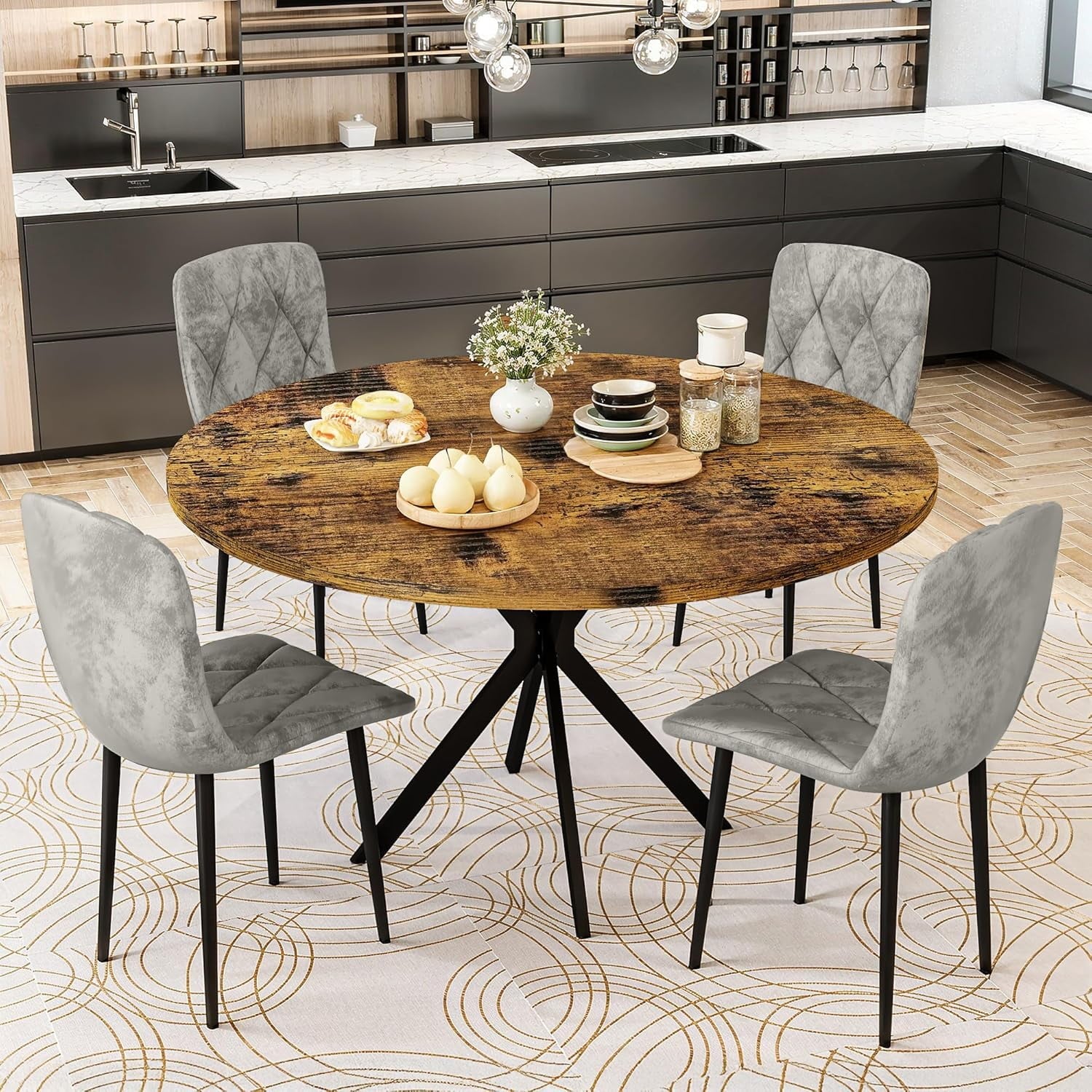 LinkRomat Round Kitchen Table and Chairs Set, 5-Piece Dining Room Table Set with Faux Marble Top & 4 Luxury Diamond Tufted Chairs, Used in Kitchens and Dining (Brown+Gray)