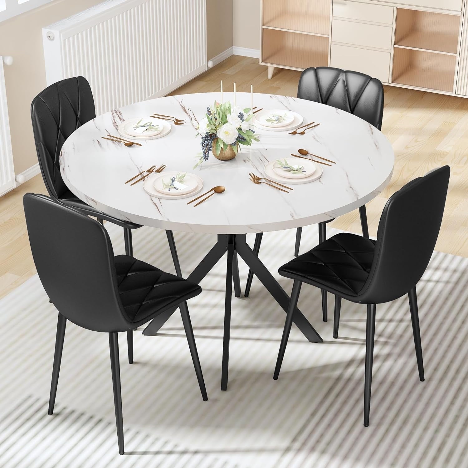 LinkRomat Round Kitchen Table and Chairs Set, 5-Piece Dining Room Table Set with Faux Marble Top & 4 Luxury Diamond Tufted Chairs, Used in Kitchens and Dining (Brown+Gray)