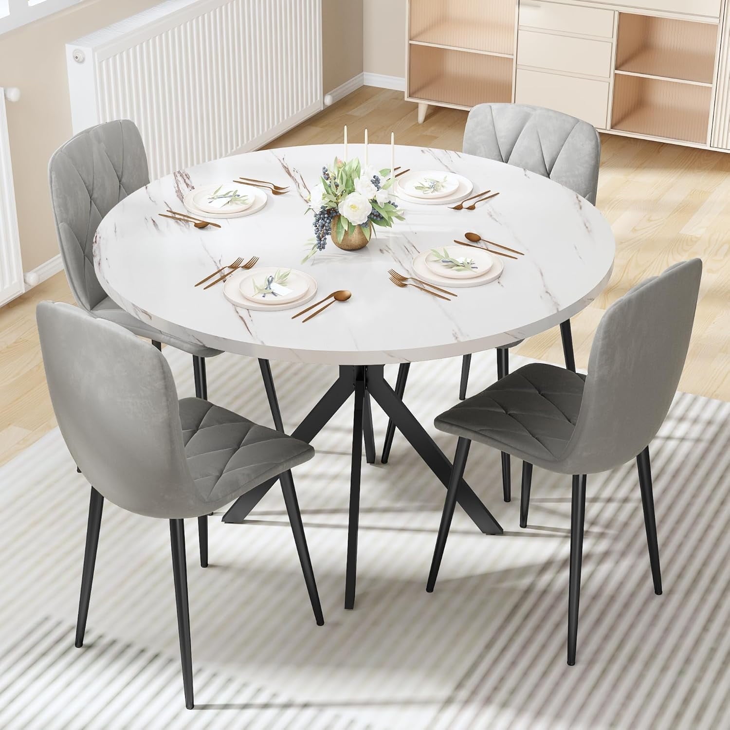 LinkRomat Round Kitchen Table and Chairs Set, 5-Piece Dining Room Table Set with Faux Marble Top & 4 Luxury Diamond Tufted Chairs, Used in Kitchens and Dining (Brown+Gray)