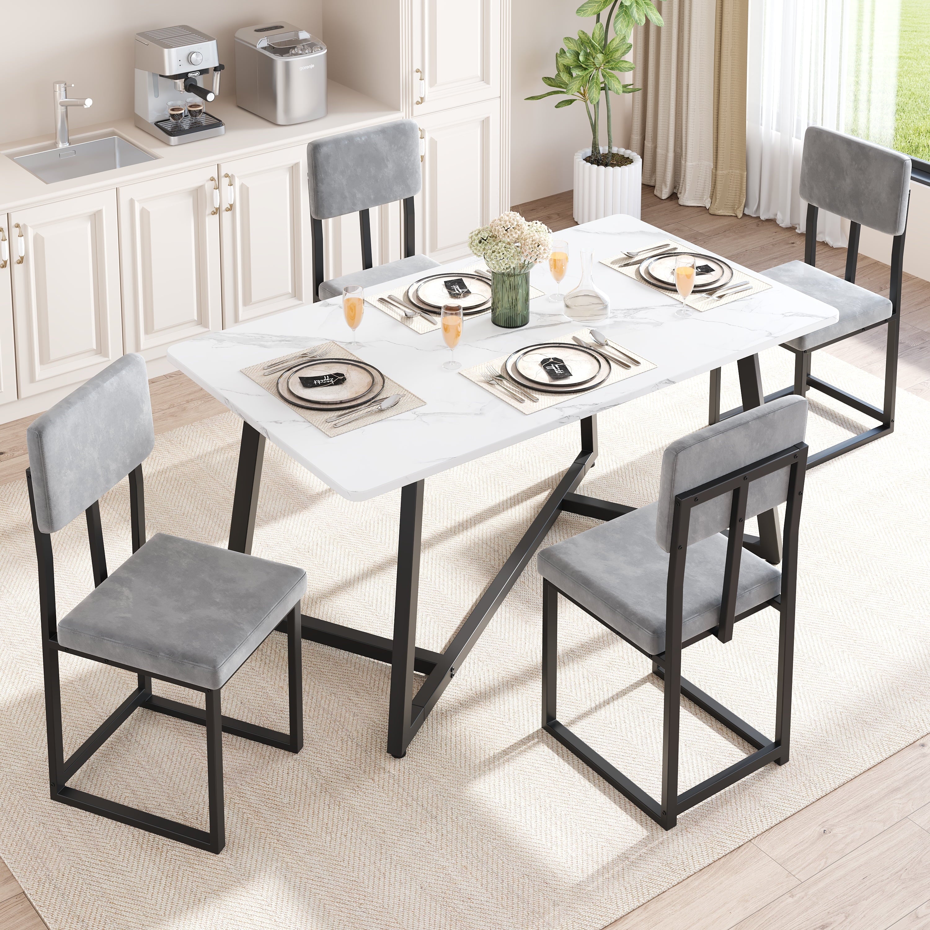PAPROOS Dining Table Set for 4, 5 Piece Dining Room Table Set with Faux Marble Top and Fabric Upholstery Chairs, Modern Dinette Sets for Breakfast Nook, Kitchen Table and Chairs Set, White&Gray