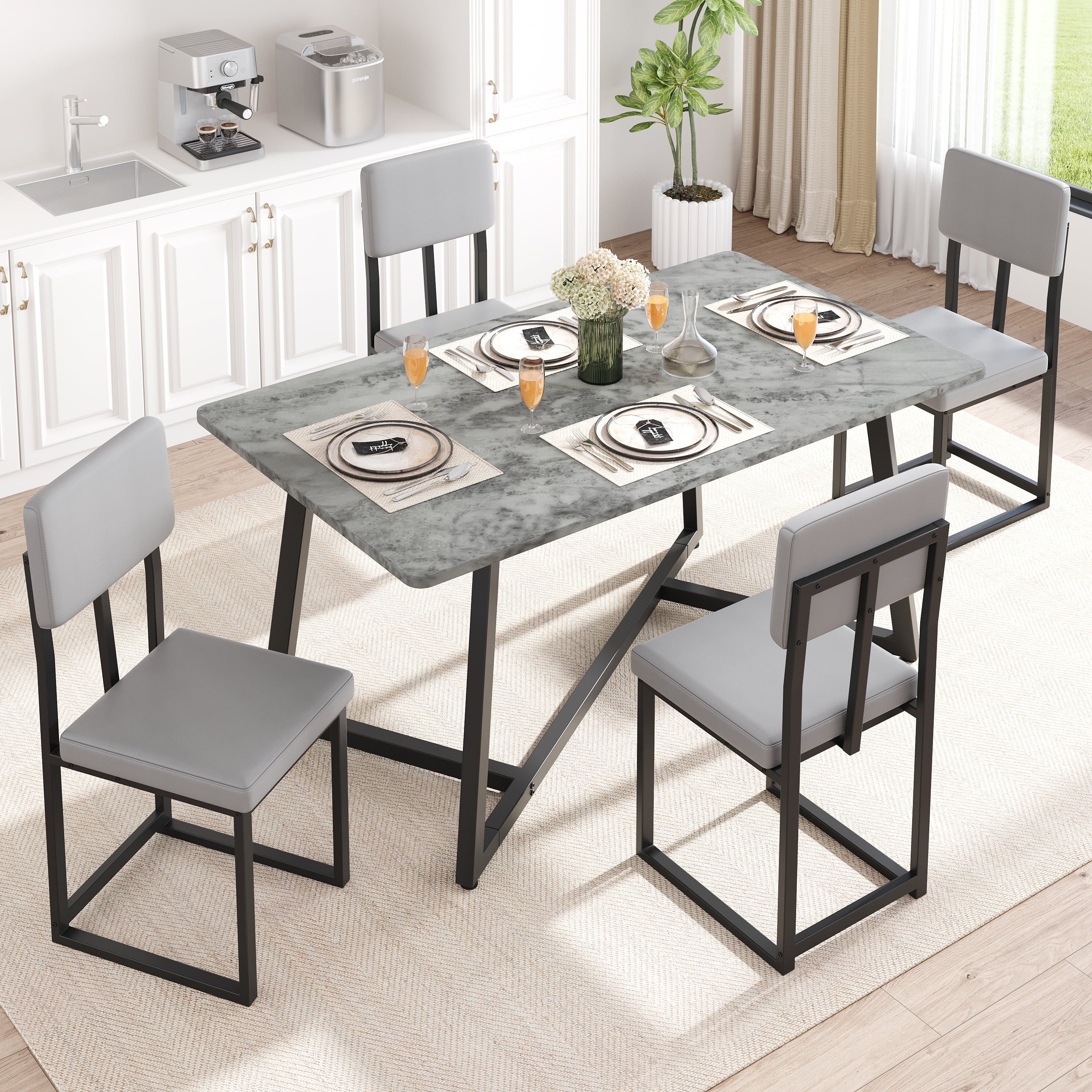 PAPROOS Dining Table Set for 4, 5 Piece Dining Room Table Set with Faux Marble Top and Fabric Upholstery Chairs, Modern Dinette Sets for Breakfast Nook, Kitchen Table and Chairs Set, White&Gray