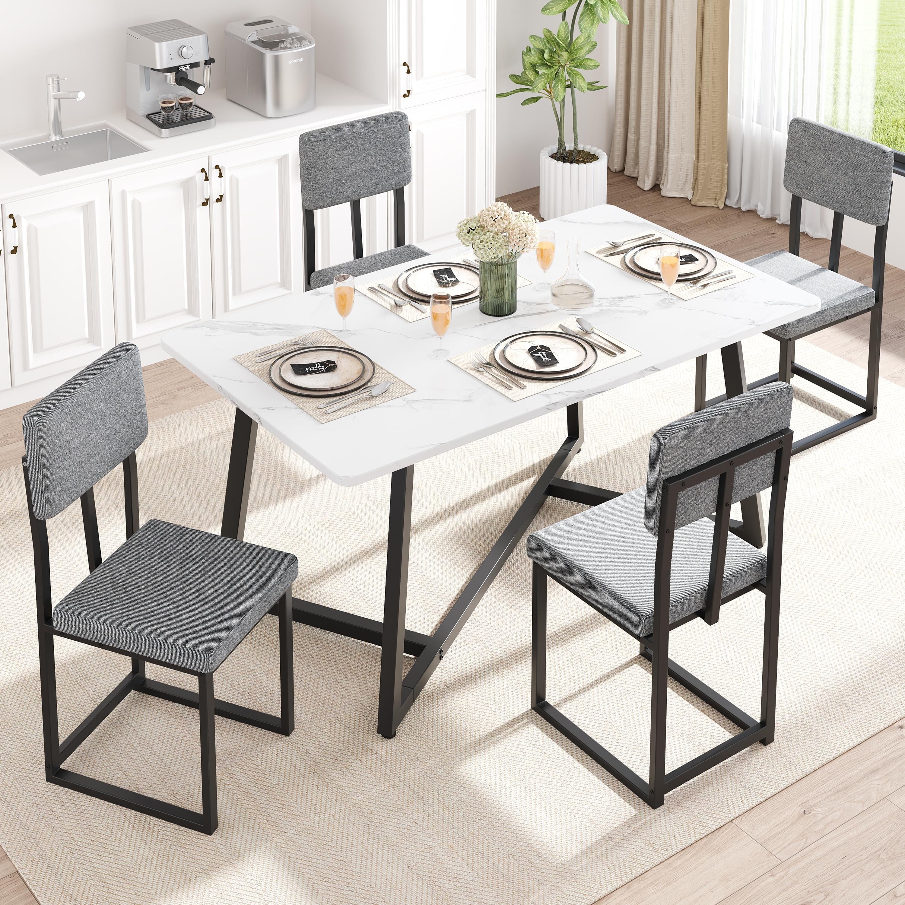 PAPROOS Dining Table Set for 4, 5 Piece Dining Room Table Set with Faux Marble Top and Fabric Upholstery Chairs, Modern Dinette Sets for Breakfast Nook, Kitchen Table and Chairs Set, White&Gray
