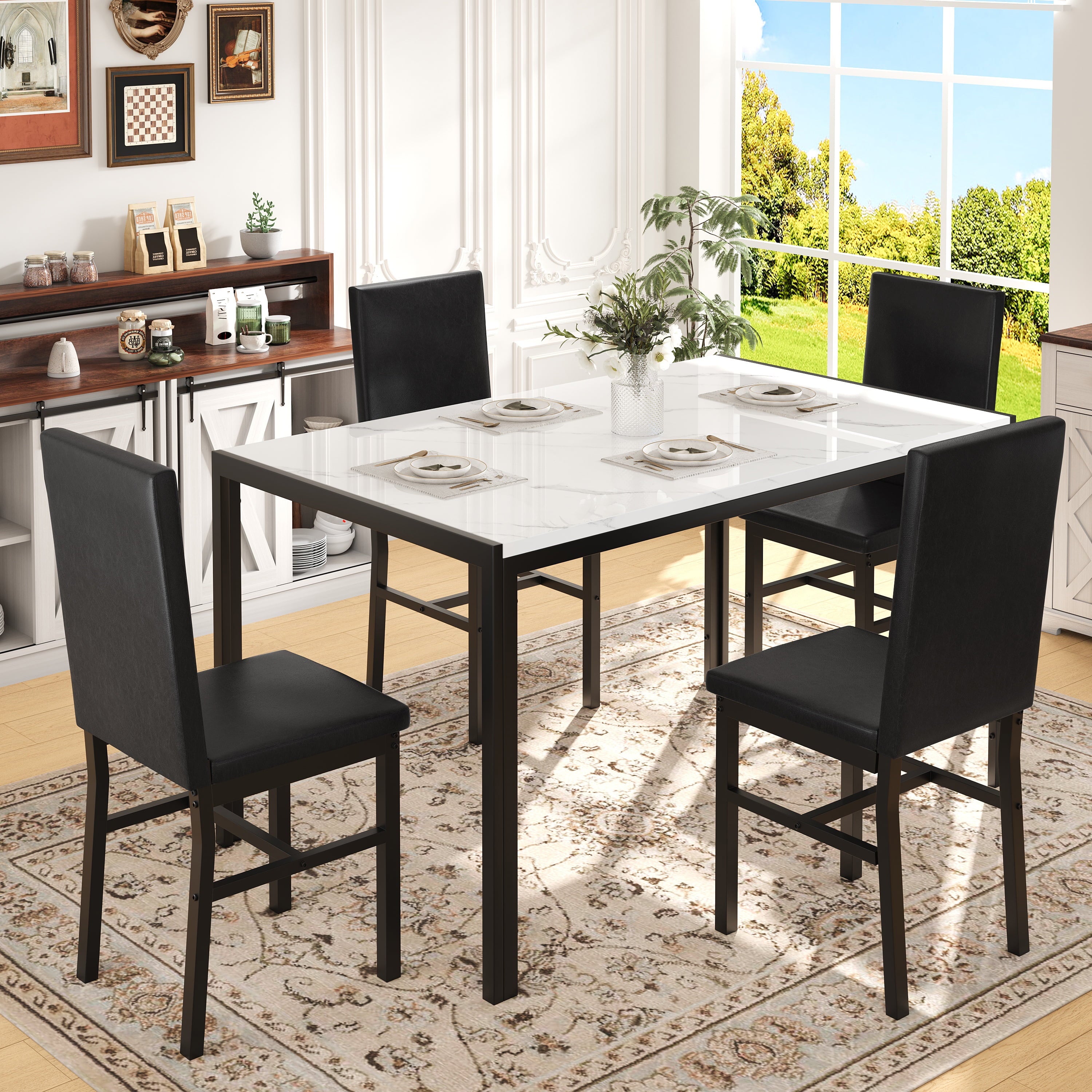 PAPROOS Dining Table Set for 4, Modern 5-Piece Kitchen Table Set with Faux Marble Top and Velvet Upholstery Chairs, Heavy Duty Dinette Sets for Breakfast Nook, Dining Room Table and Chairs, Gray